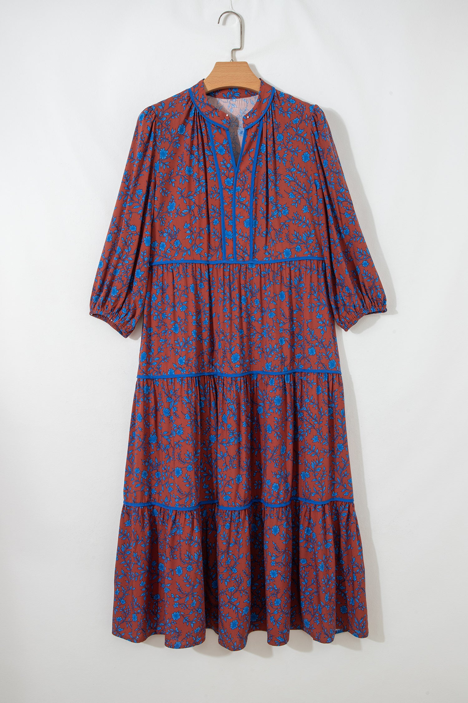 Brown 3/4 Puff Sleeve Tiered Loose Floral Dress-TOPS / DRESSES-[Adult]-[Female]-2022 Online Blue Zone Planet