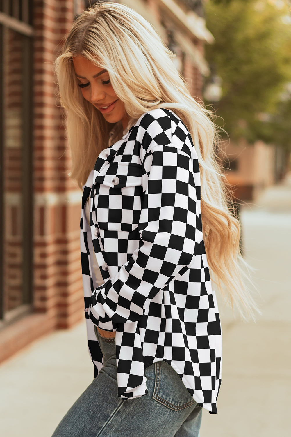 Black Checkerboard Flap Pocket Button Front Shacket-Outerwear/Plaid Shackets-[Adult]-[Female]-2022 Online Blue Zone Planet