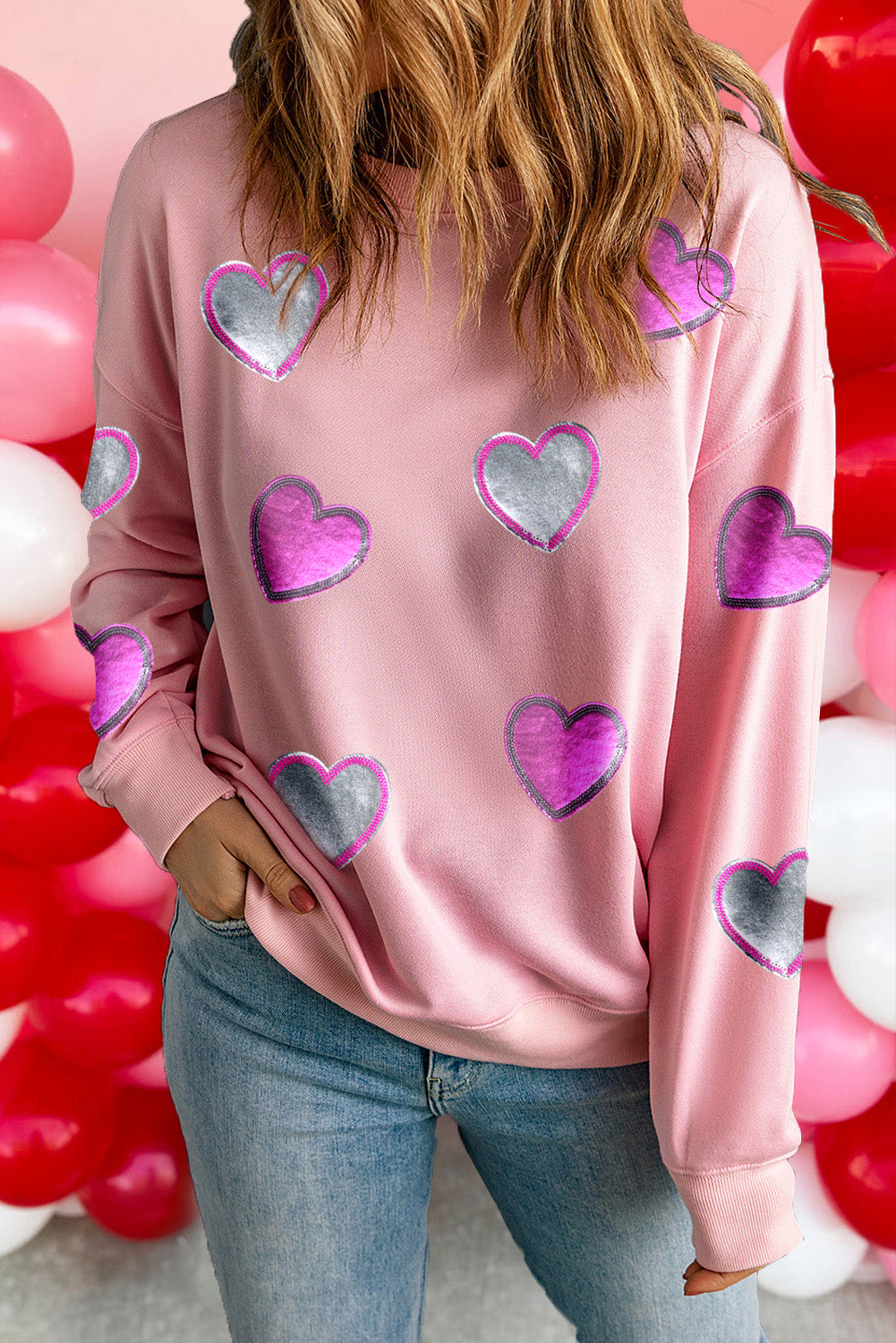 Blue Zone Planet | Pink Valentines Heart Patched Drop Shoulder Sweatshirt-Graphic Sweatshirts-[Adult]-[Female]-2022 Online Blue Zone Planet