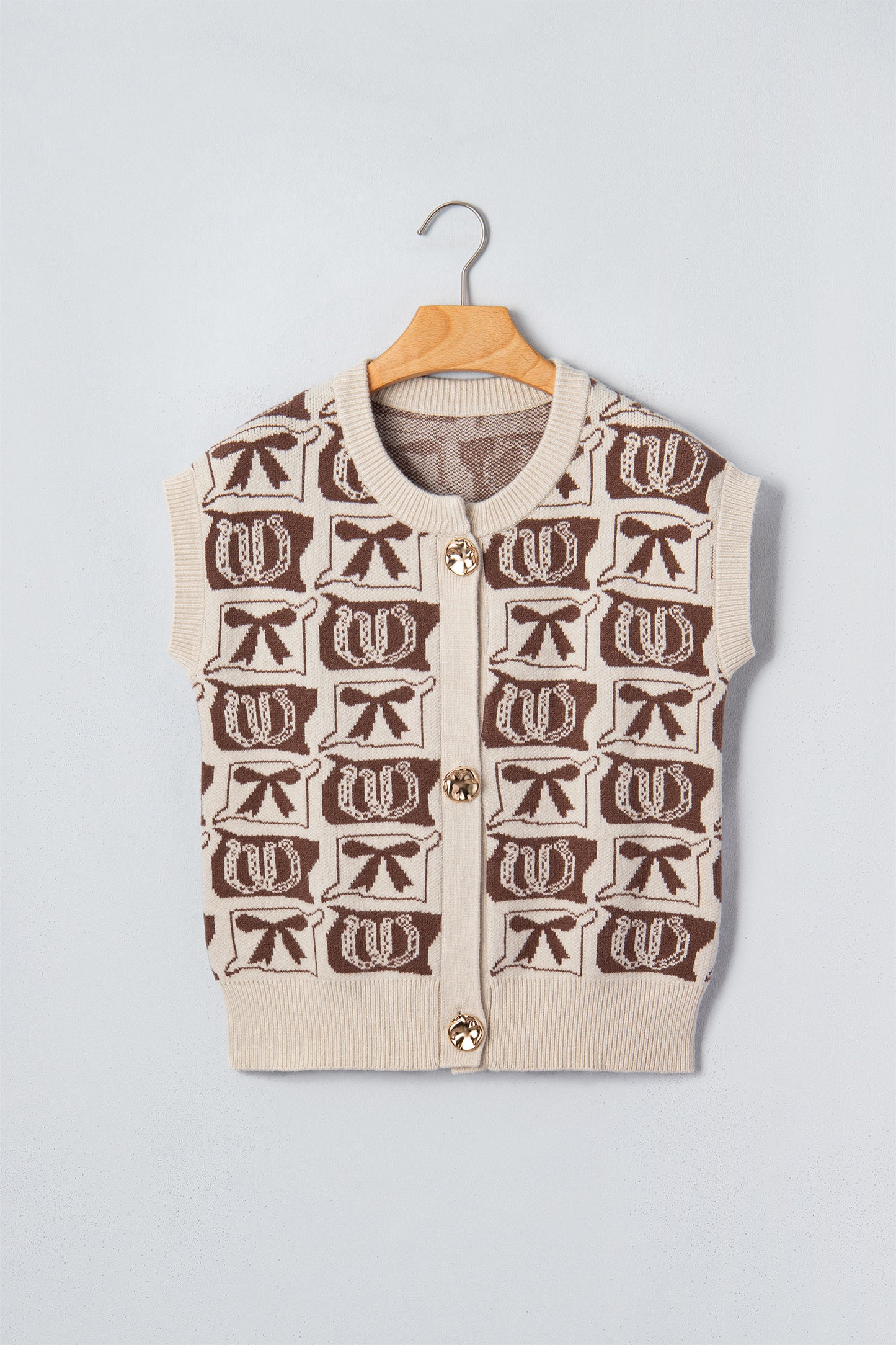 Brown Western Horseshoe Bow Pattern Button Front Sleeveless Knit Sweater-Sweaters & Cardigans/Sweater Vests-[Adult]-[Female]-2022 Online Blue Zone Planet