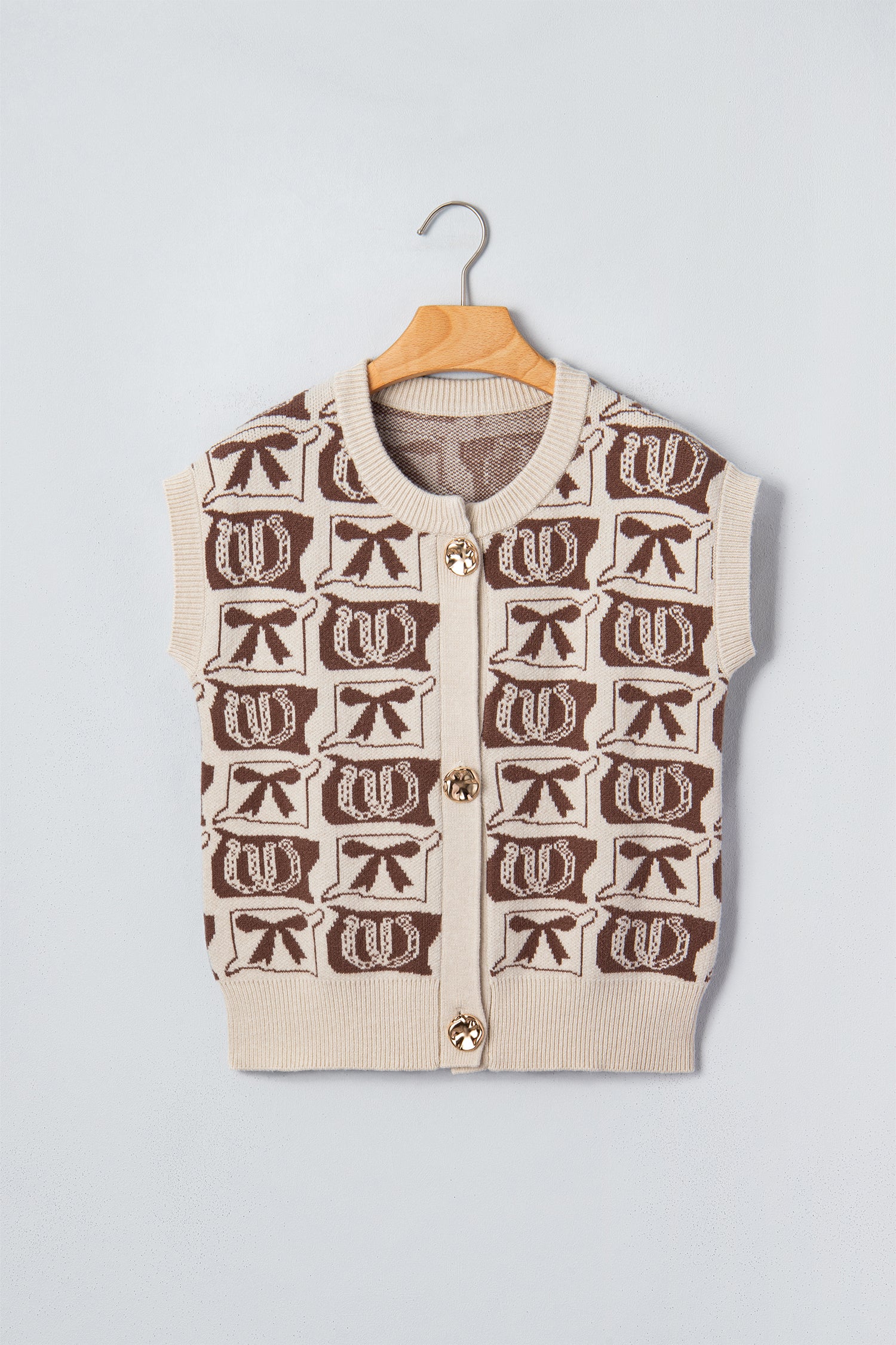 Brown Western Horseshoe Bow Pattern Button Front Sleeveless Knit Sweater-Sweaters & Cardigans/Sweater Vests-[Adult]-[Female]-2022 Online Blue Zone Planet