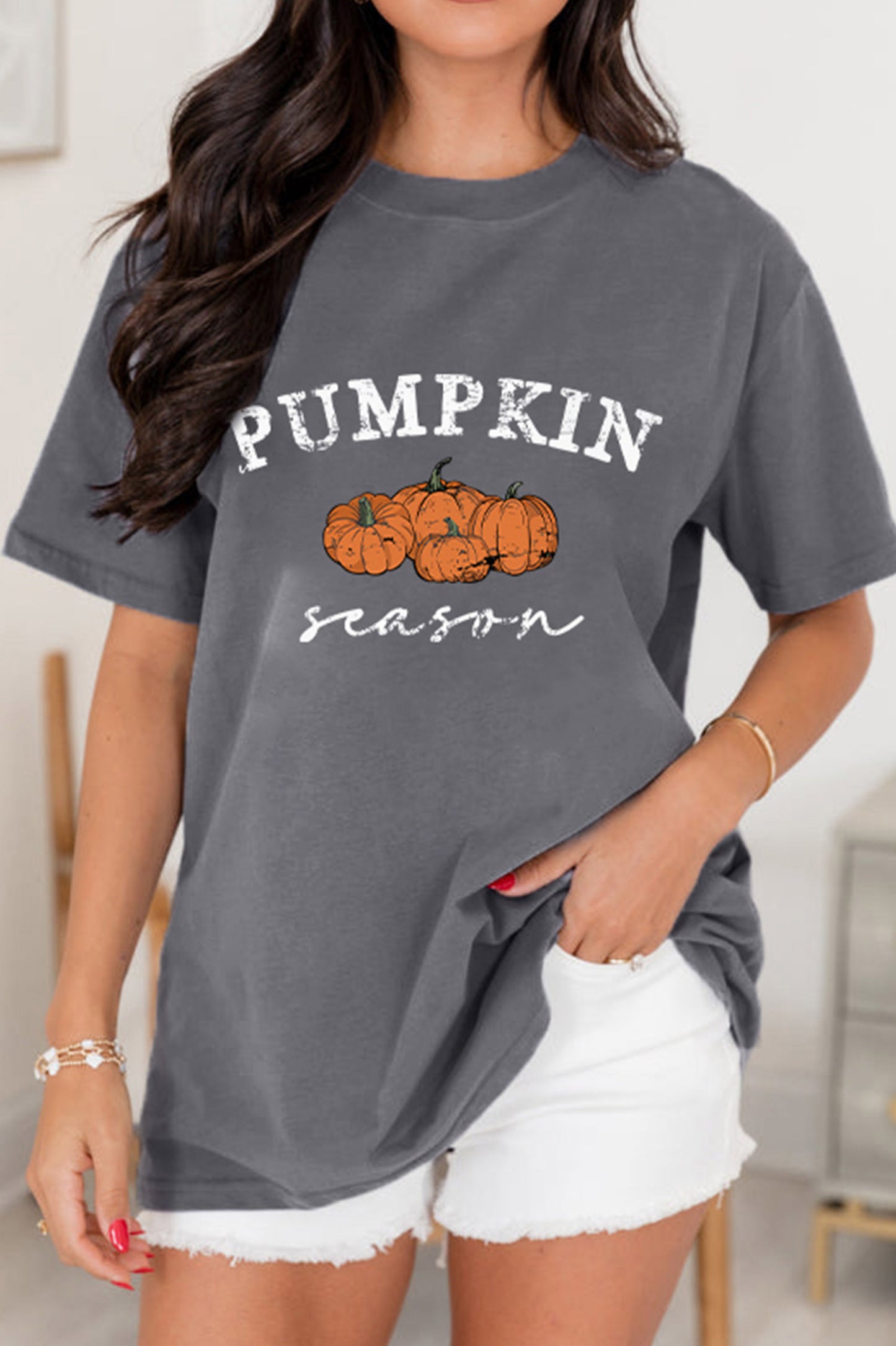Gray Pumpkin Season Graphic Round Neck Short Sleeve T-Shirt-Graphic/Graphic Tees-[Adult]-[Female]-2022 Online Blue Zone Planet