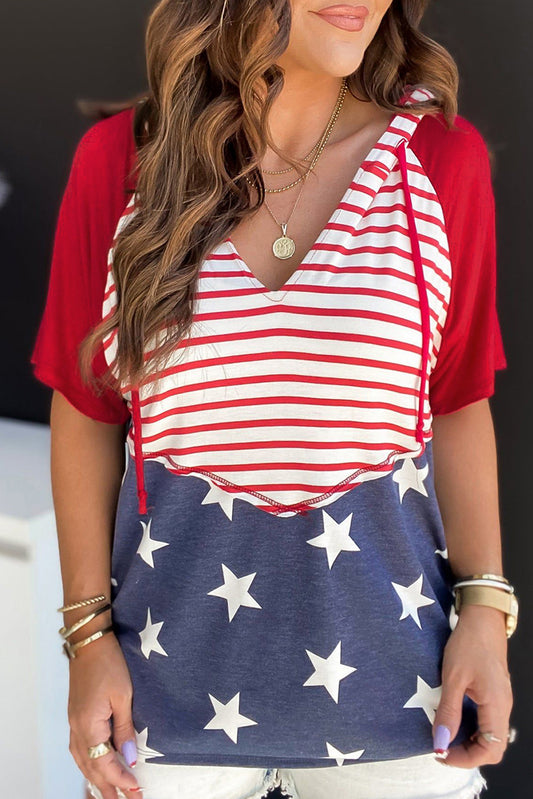 Fiery Red Stars and Stripes Print Drawstring Hooded T Shirt-Tops/Tops & Tees-[Adult]-[Female]-Fiery Red-S-2022 Online Blue Zone Planet