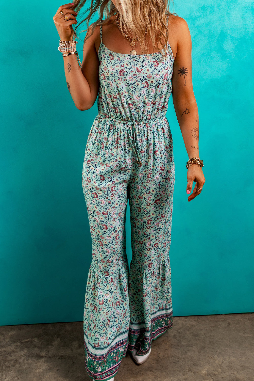Green Bohemian Floral Ruffle Bottom Spaghetti Strap Jumpsuit-Bottoms/Jumpsuits & Rompers-[Adult]-[Female]-2022 Online Blue Zone Planet