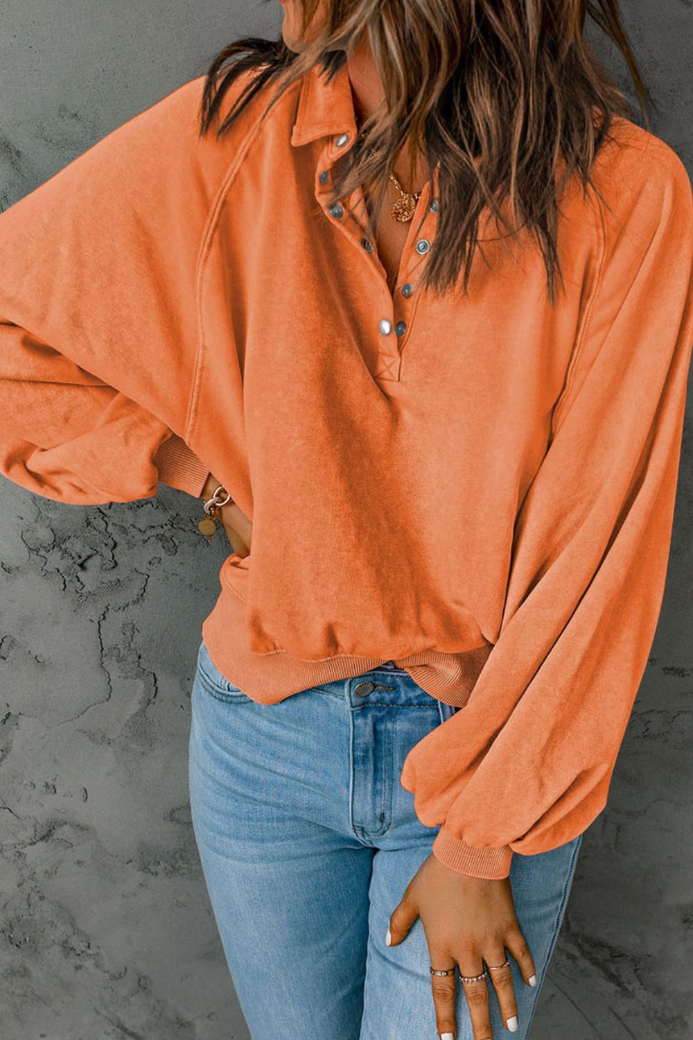 Half Snap Long Sleeve Sweatshirt-TOPS / DRESSES-[Adult]-[Female]-Tangerine-S-2022 Online Blue Zone Planet