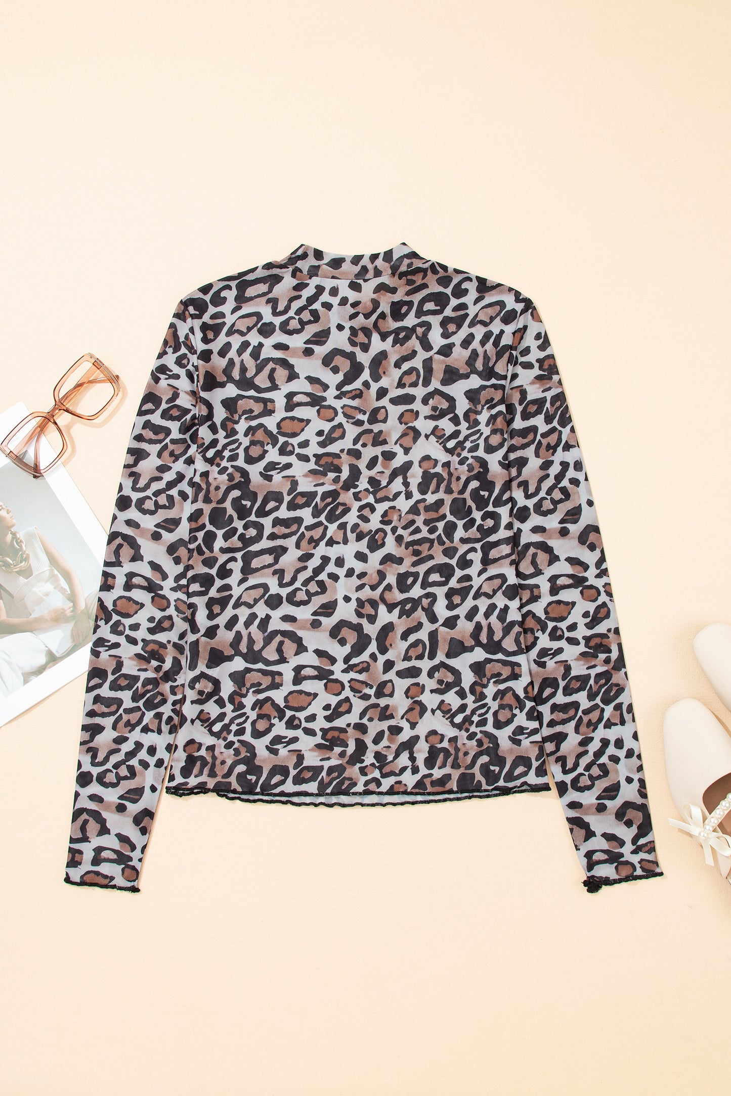 Brown Leopard Mock Neck Mesh Long Sleeve Top-Tops/Long Sleeve Tops-[Adult]-[Female]-2022 Online Blue Zone Planet
