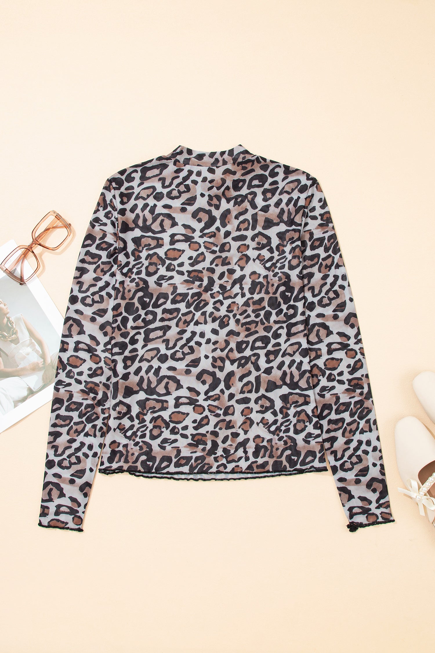 Brown Leopard Mock Neck Mesh Long Sleeve Top-Tops/Long Sleeve Tops-[Adult]-[Female]-2022 Online Blue Zone Planet