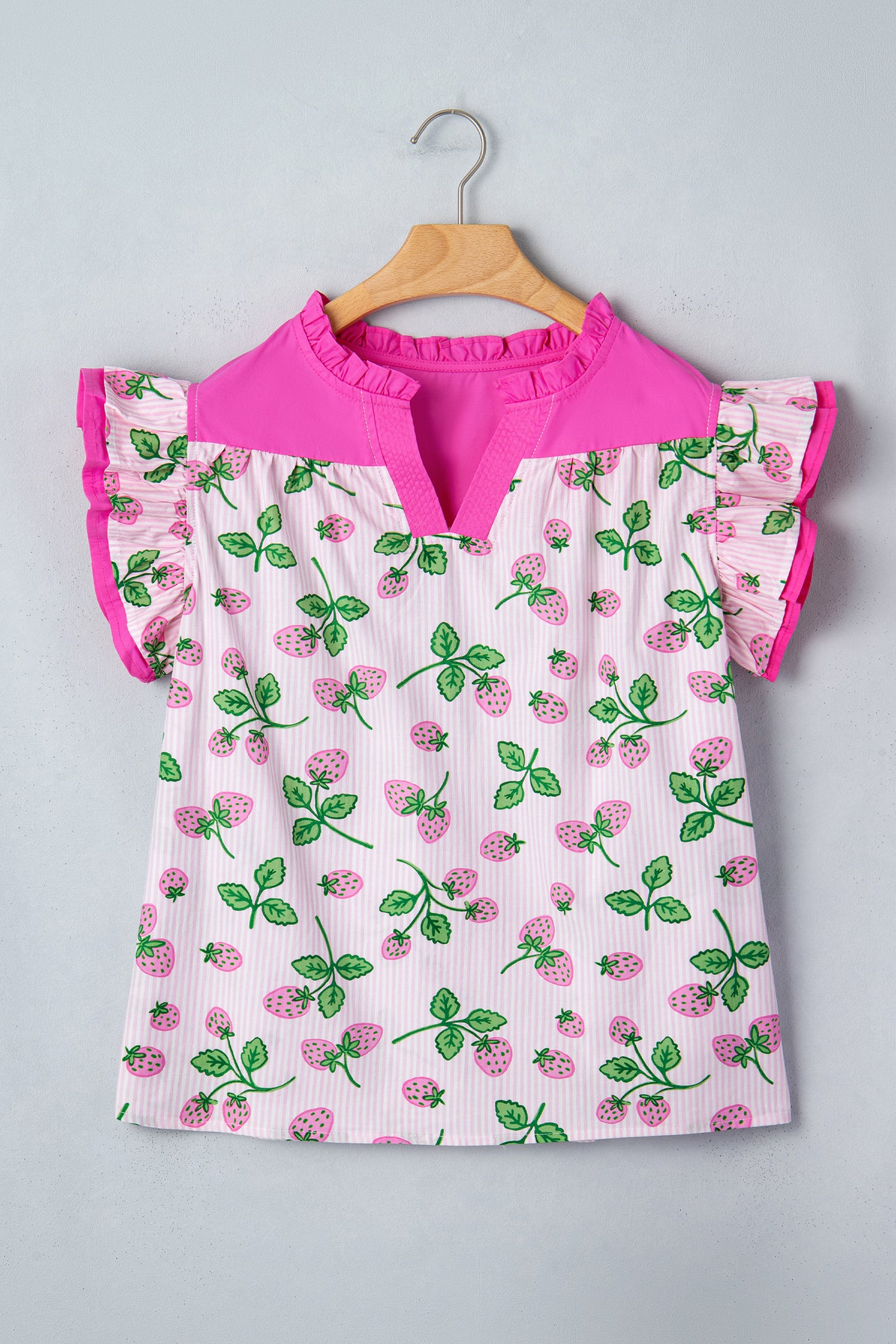 Pink Striped Strawberry Printed Color Block Patchwork V Neck Flutter Sleeve Blouse-Tops/Blouses & Shirts-[Adult]-[Female]-2022 Online Blue Zone Planet