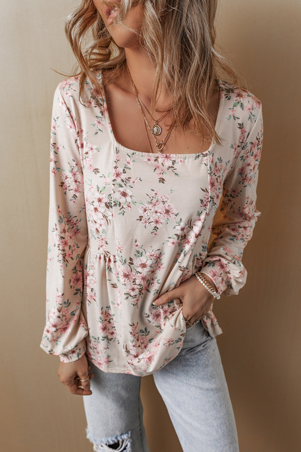 Pink Floral Print Pleated U Neck Loose Fit Blouse-Tops/Blouses & Shirts-[Adult]-[Female]-2022 Online Blue Zone Planet