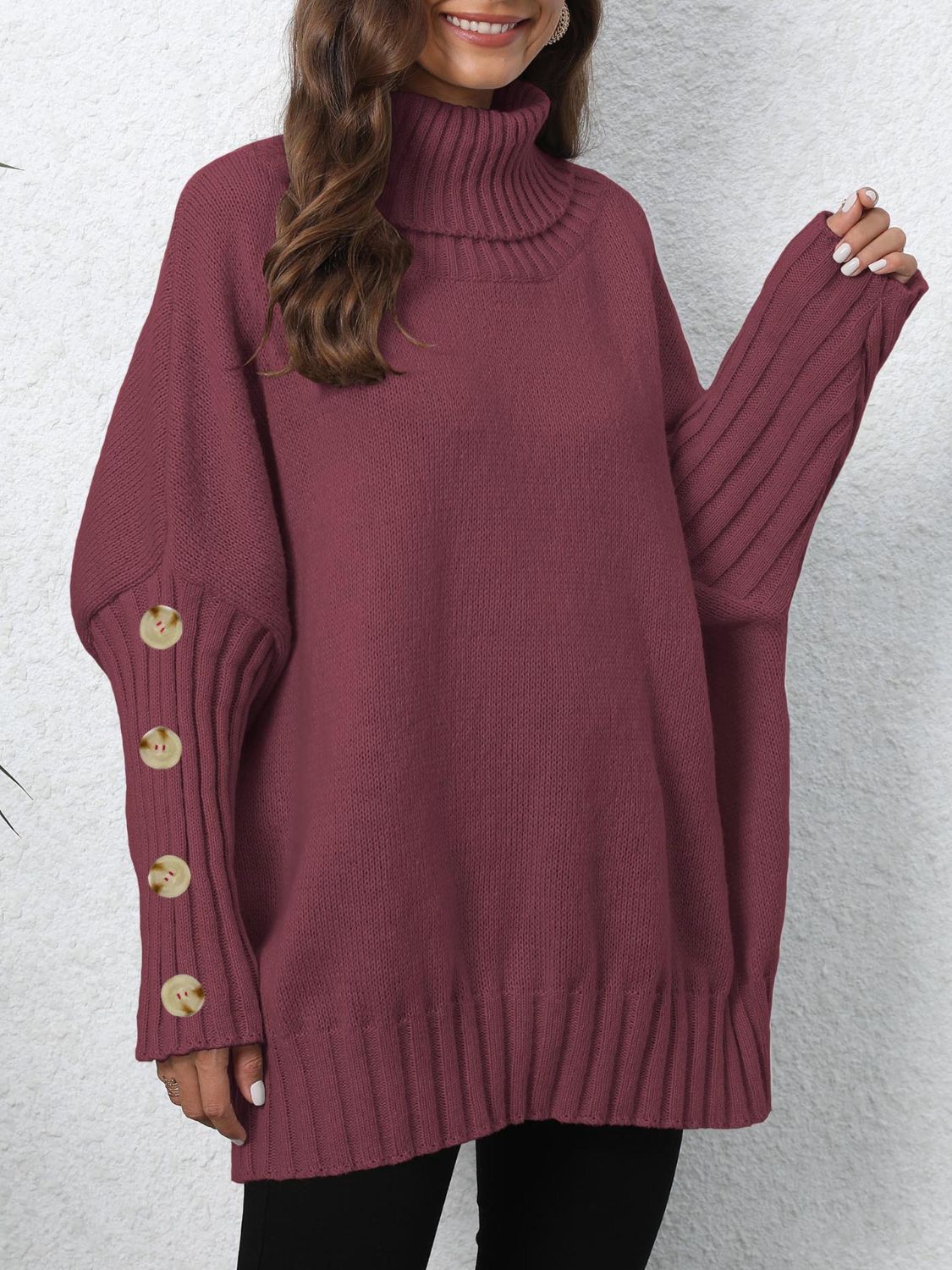 Turtleneck Long Sleeve Sweater-TOPS / DRESSES-[Adult]-[Female]-Burgundy-One Size-2022 Online Blue Zone Planet