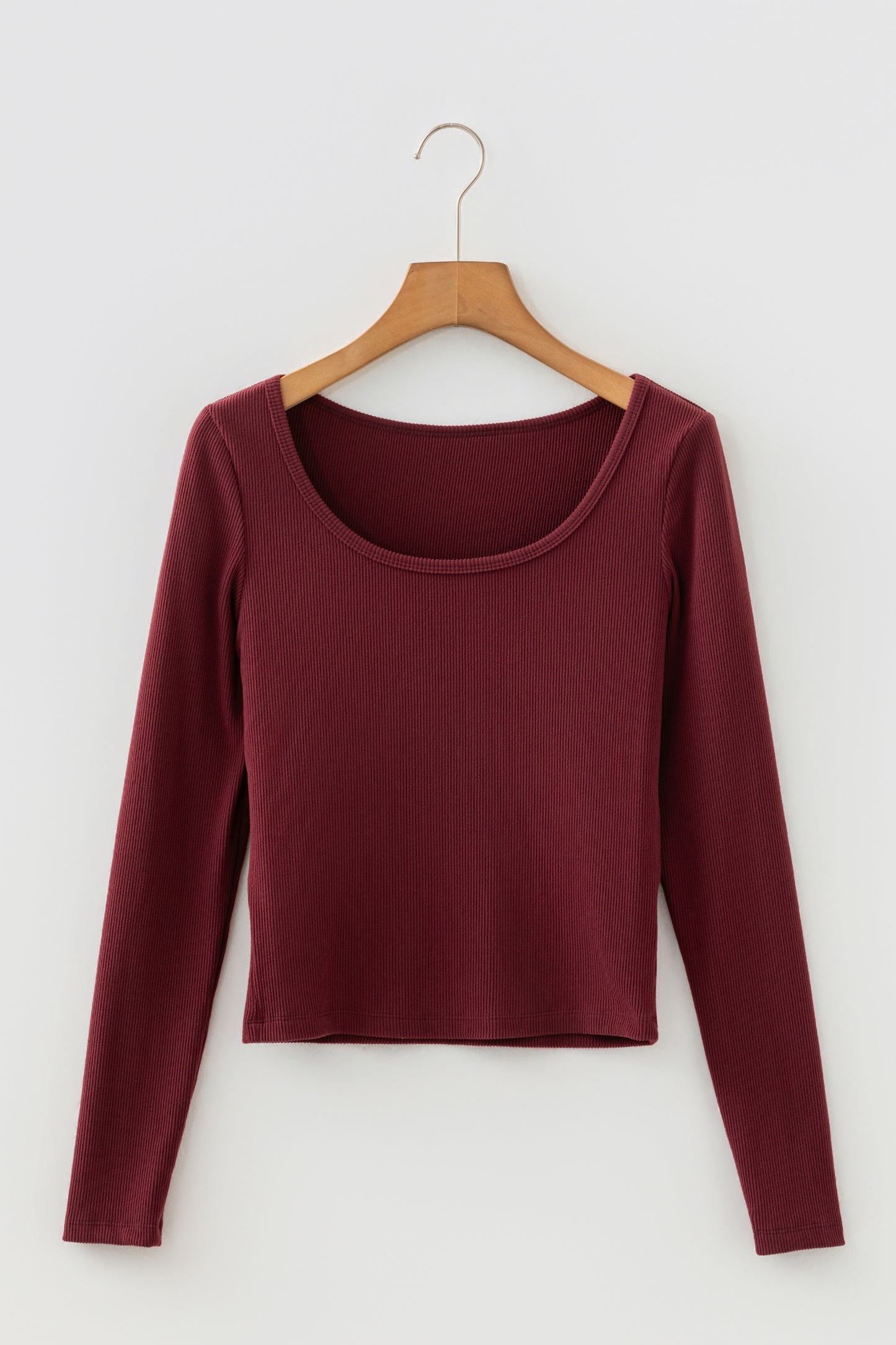 Coffee Ribbed Solid Color U Neck Cropped Long Sleeve Top-Tops/Crop Tops-[Adult]-[Female]-2022 Online Blue Zone Planet