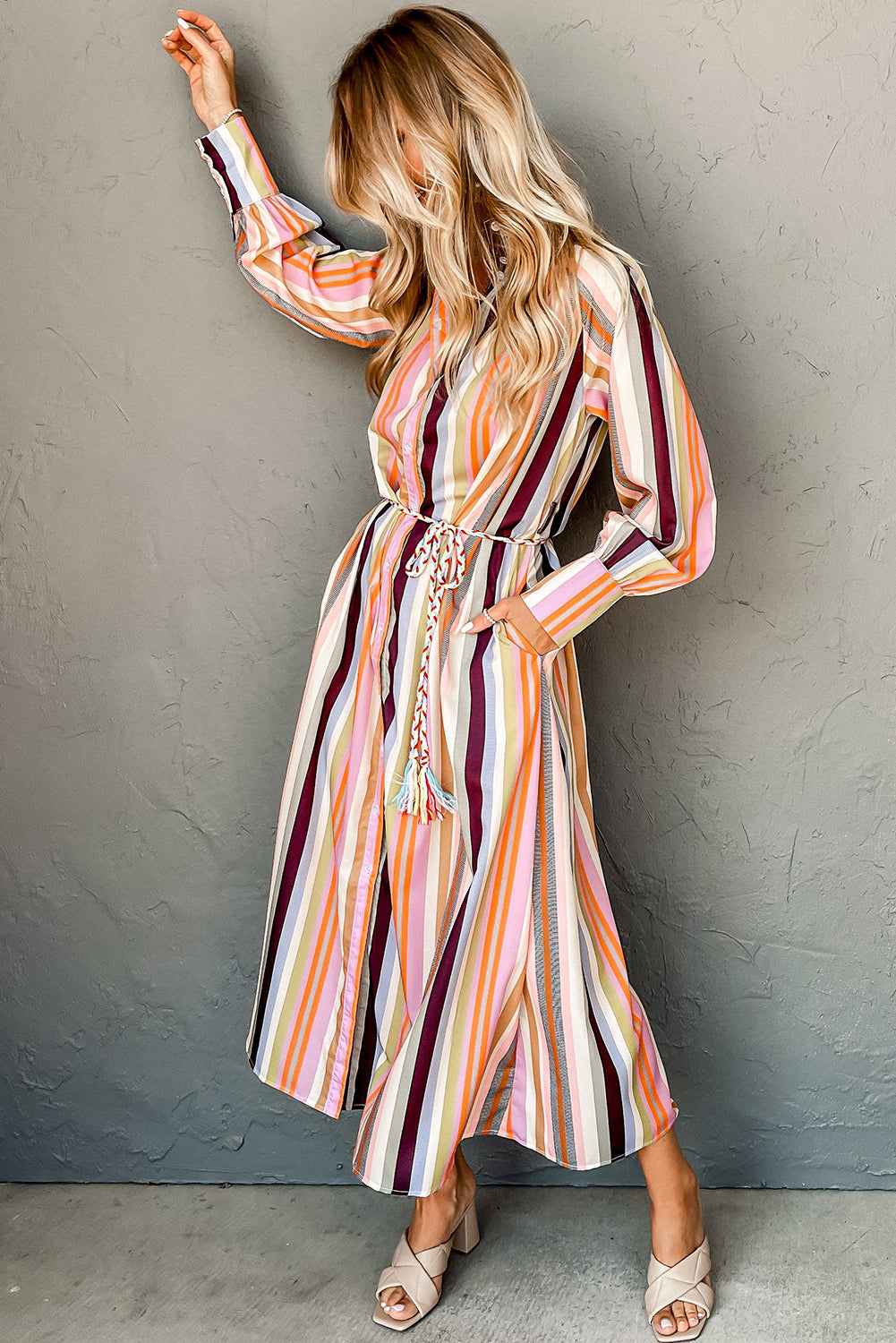 White Multicolor Striped Cuffed Sleeve Tassel Tied Shirt Maxi Dress-Dresses/Maxi Dresses-[Adult]-[Female]-2022 Online Blue Zone Planet