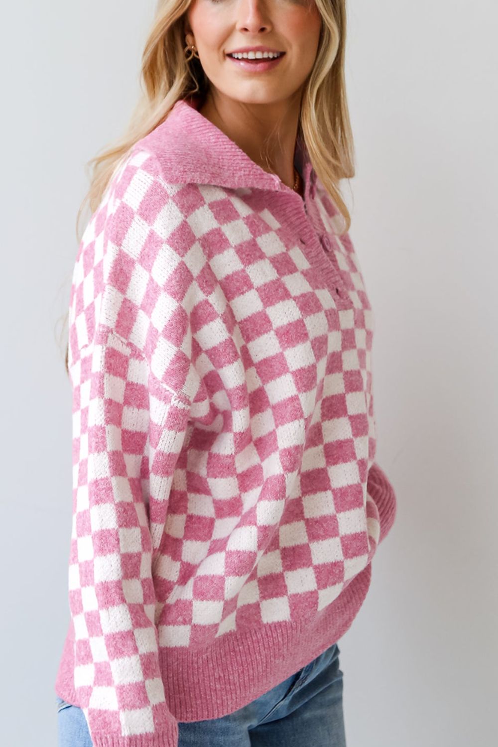 Checkered Collared Neck Long Sleeve Sweater-TOPS / DRESSES-[Adult]-[Female]-2022 Online Blue Zone Planet