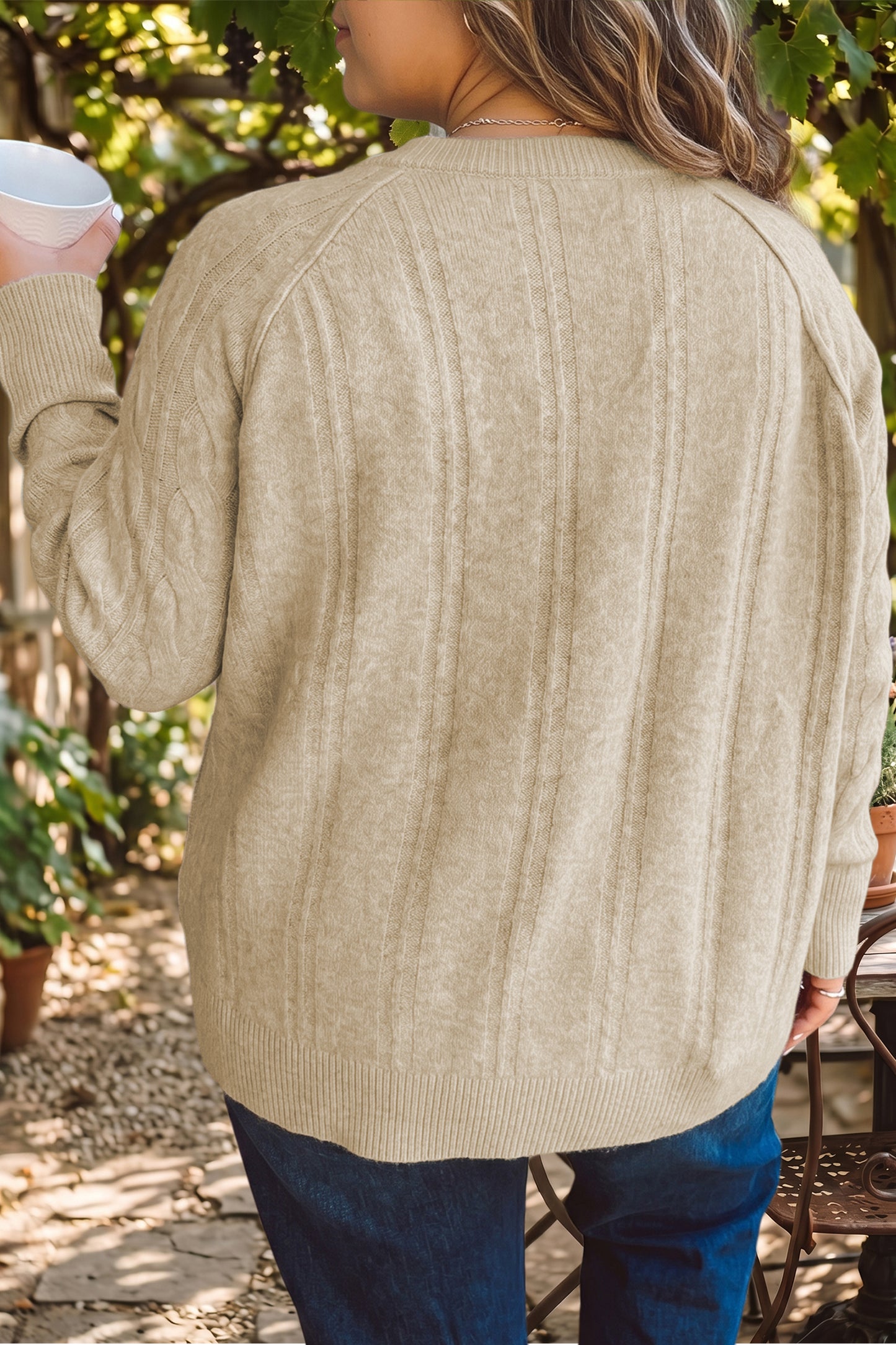 Parchment Oversized Cable Knit Long Sleeve Round Neck Tunic Length Plus Size Sweater-TOPS / DRESSES-[Adult]-[Female]-2022 Online Blue Zone Planet