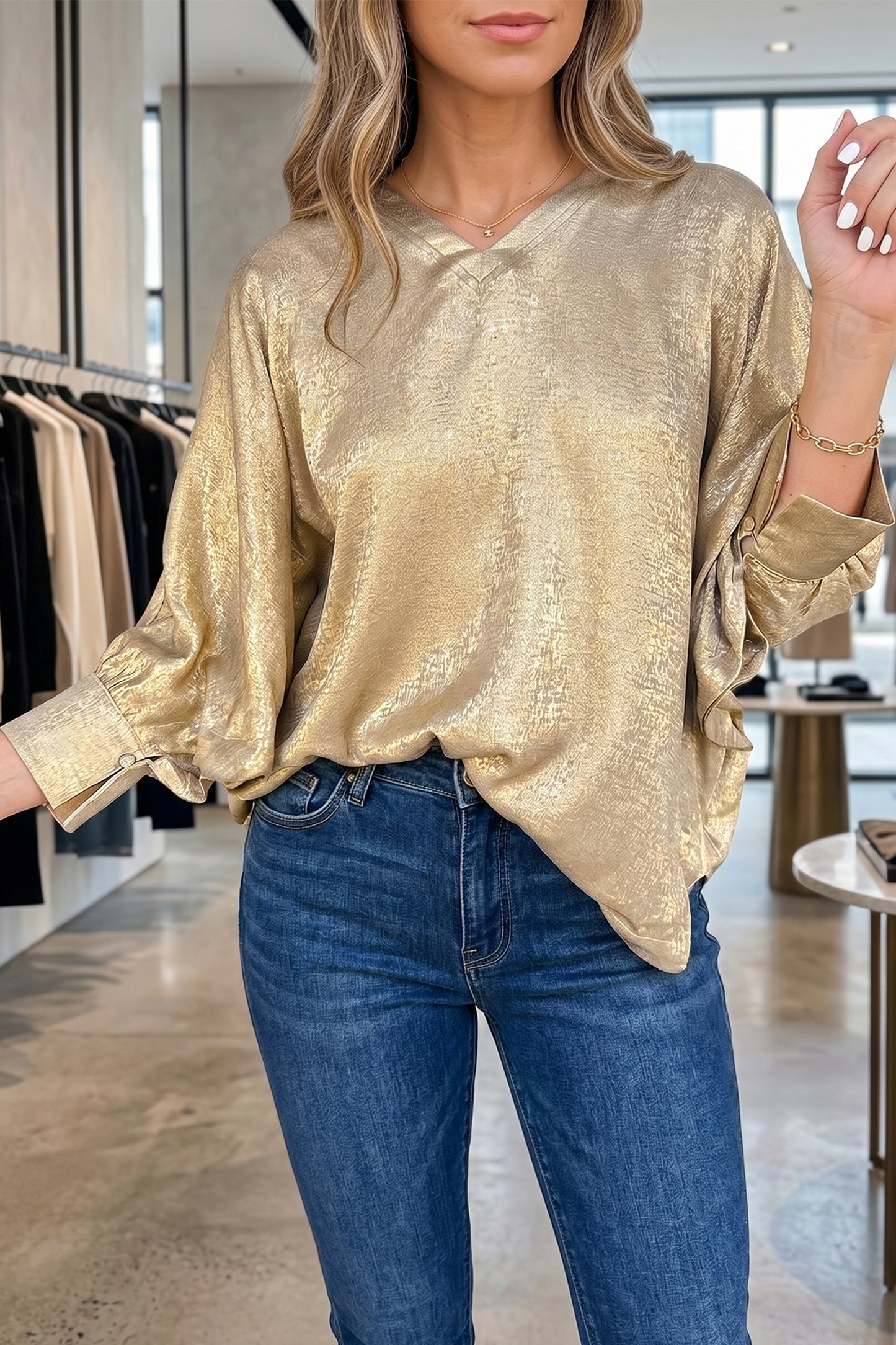 Parchment Metallic V Neck Button Cuffed Long Sleeve Dolman Blouse-Tops/Blouses & Shirts-[Adult]-[Female]-Parchment-S-2022 Online Blue Zone Planet