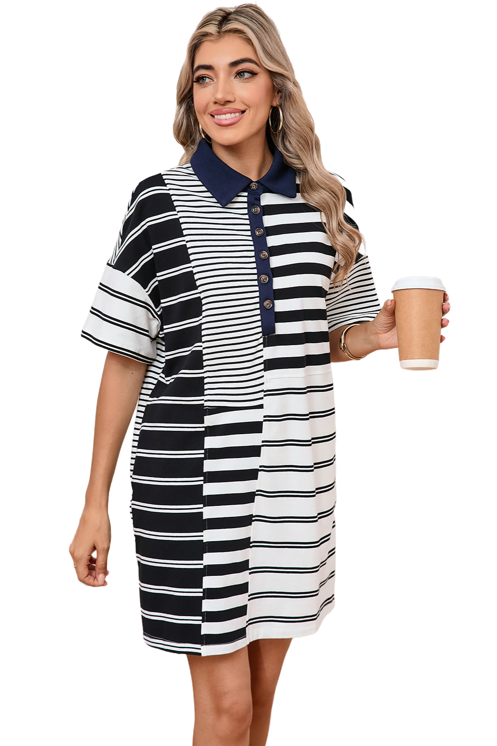 Blue Zone Planet | Black Striped Patchwork Collared Mini Dress-TOPS / DRESSES-[Adult]-[Female]-2022 Online Blue Zone Planet