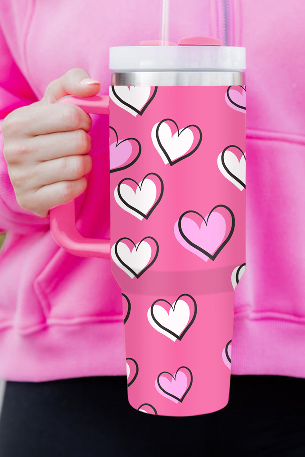 Rose Red Valentines Heart Printed Thermos Cup with Handle 40oz-Accessories/Tumblers-[Adult]-[Female]-2022 Online Blue Zone Planet