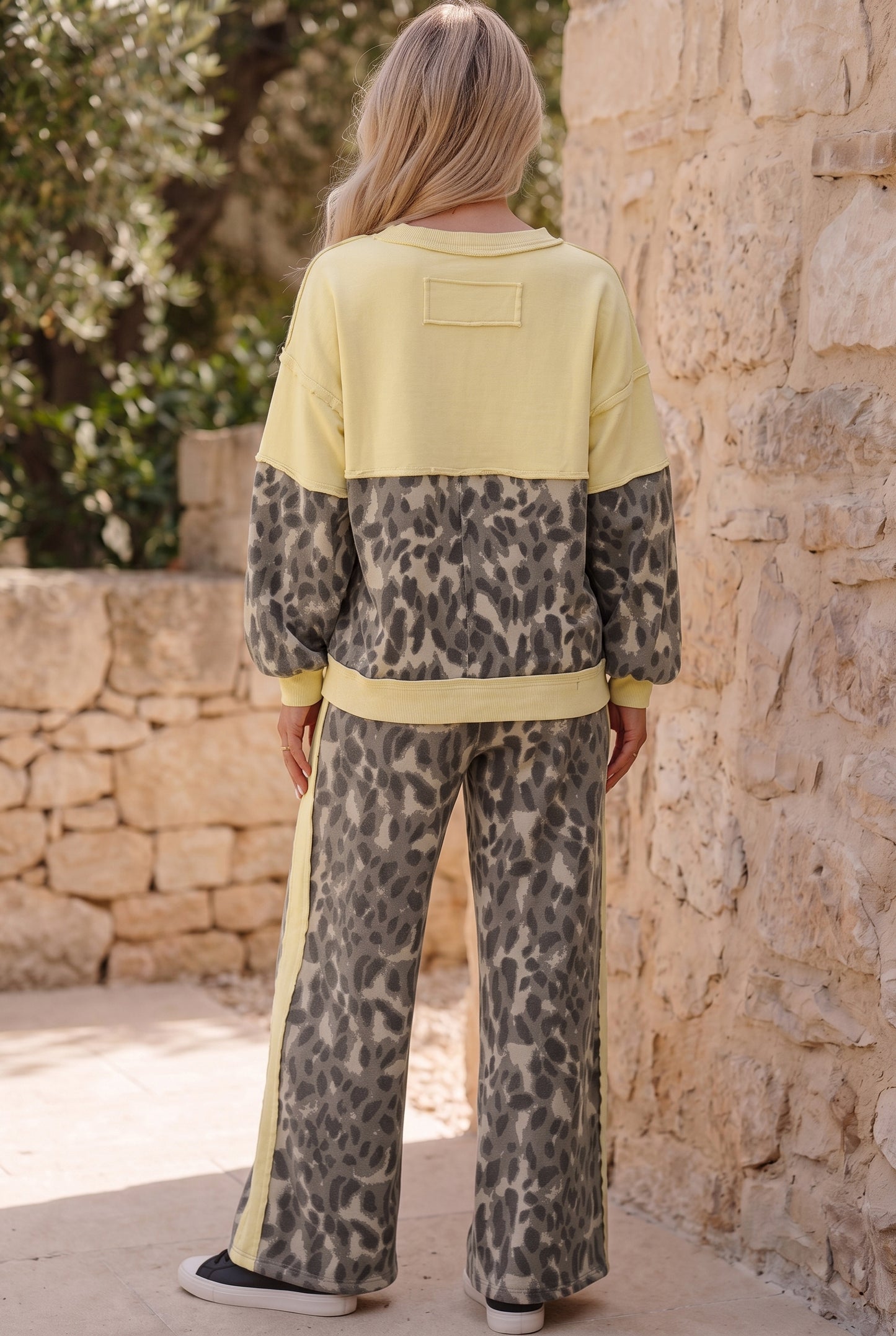 Brown Leopard Print Long Sleeve V-Neck Wide Leg Pant Set