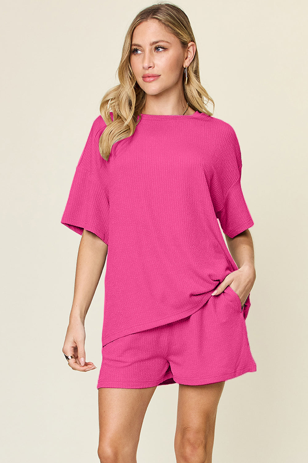 Double Take Basic style Round Neck Solid Set-TOPS / DRESSES-[Adult]-[Female]-Hot Pink-S-2022 Online Blue Zone Planet