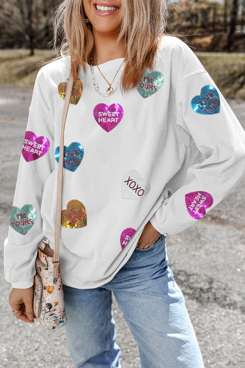 White Letter Print Heart Graphic Valentines Corded Crewneck Sweatshirt-Graphic Sweatshirts-[Adult]-[Female]-2022 Online Blue Zone Planet