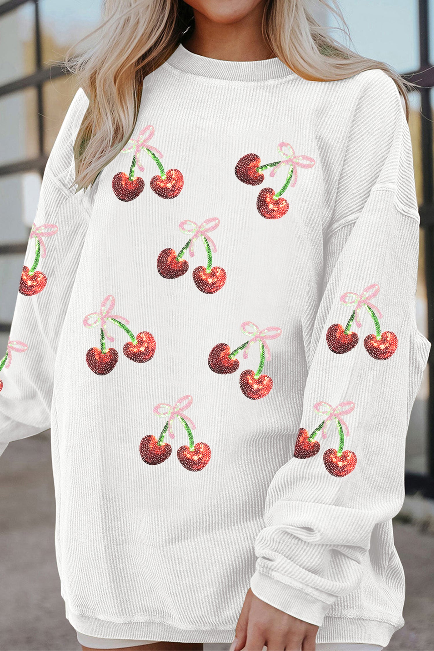 White Corded Ribbed Sequin Cherry Bow Patched Drop Shoulder Sweatshirt-Graphic/Graphic Sweatshirts-[Adult]-[Female]-White-S-2022 Online Blue Zone Planet