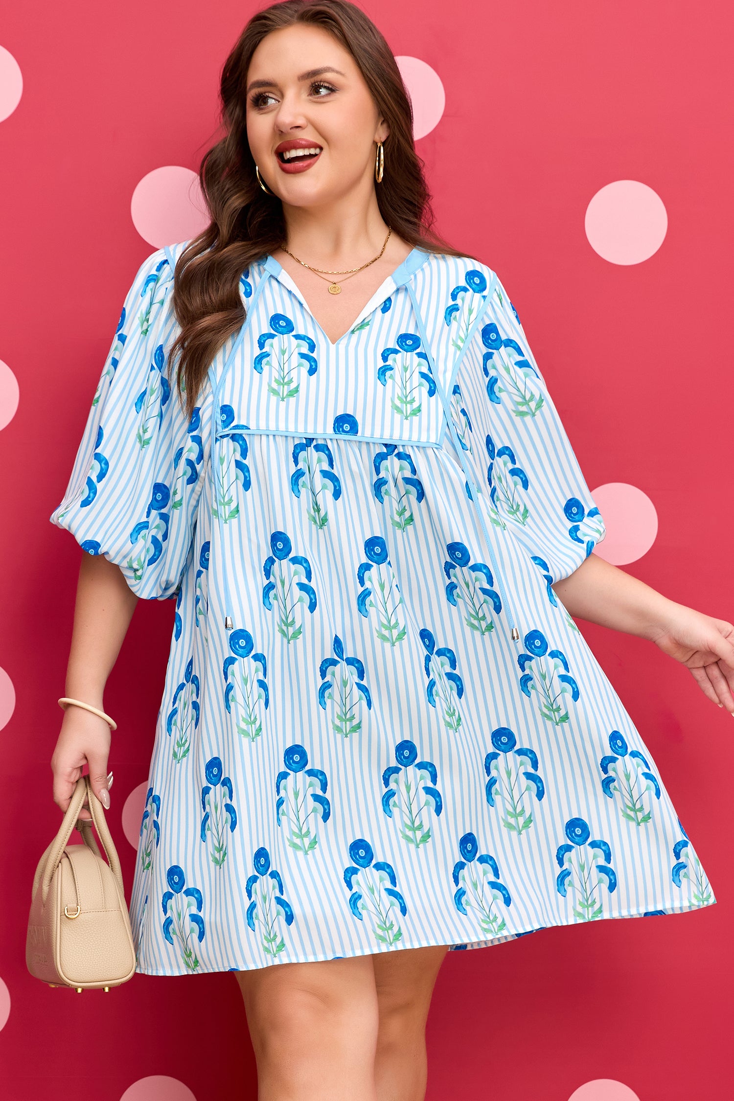 Sky Blue Floral Striped Bubble Short Sleeve Plus Size Dress-TOPS / DRESSES-[Adult]-[Female]-2022 Online Blue Zone Planet