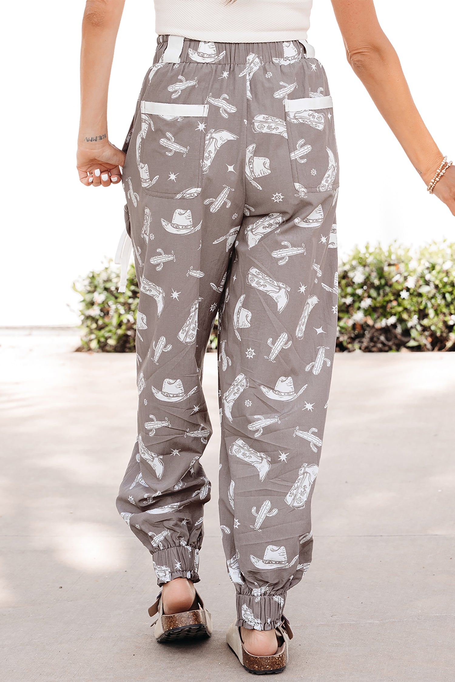 Khaki Western Cactus Cowgirl Hat Boot Printed Vintage Drawstring Jogger Pants-Bottoms/Pants & Culotte-[Adult]-[Female]-2022 Online Blue Zone Planet