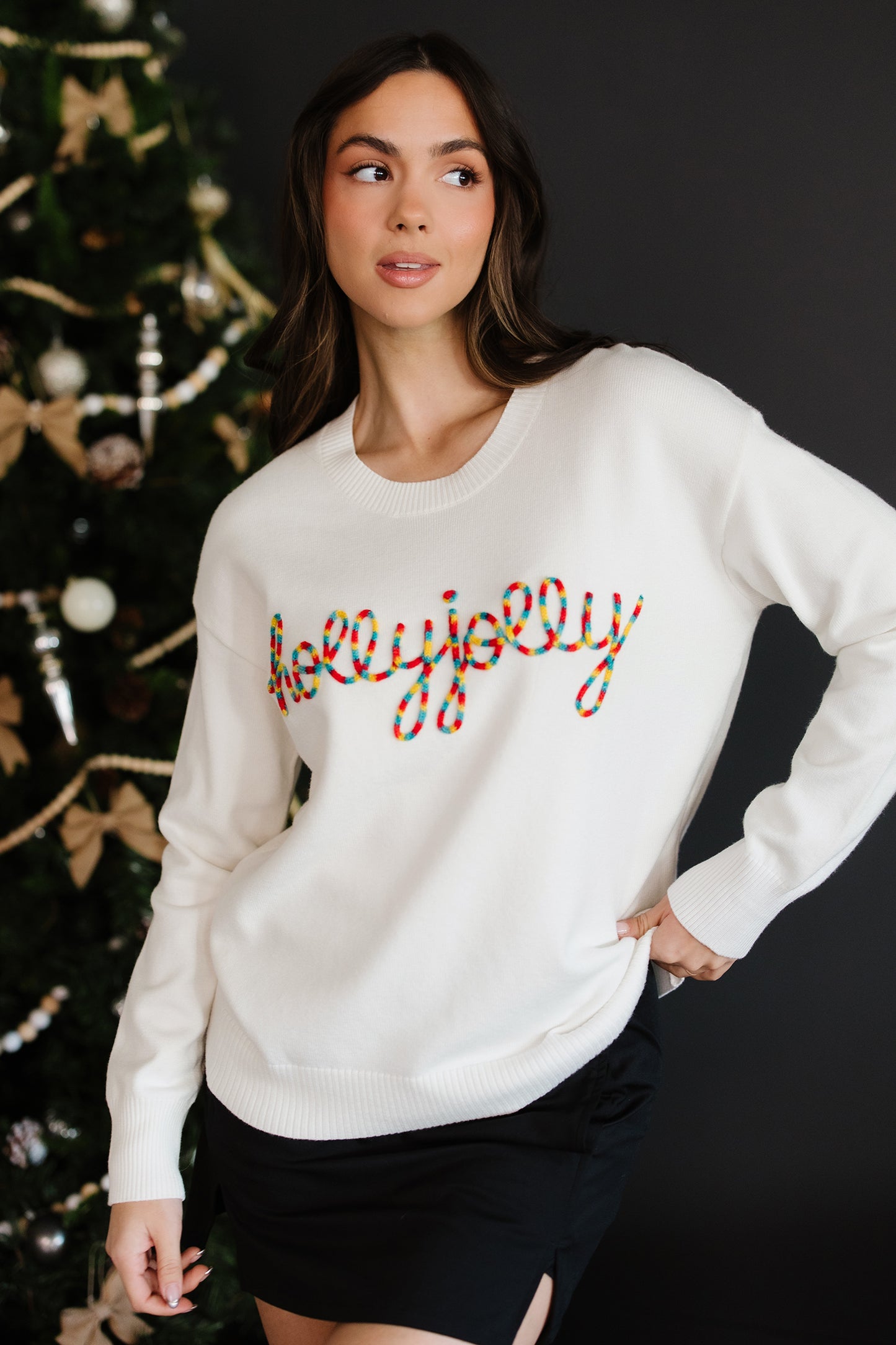 Beige Colorful Holly Jolly Christmas Knit Loose Sweater-TOPS / DRESSES-[Adult]-[Female]-2022 Online Blue Zone Planet