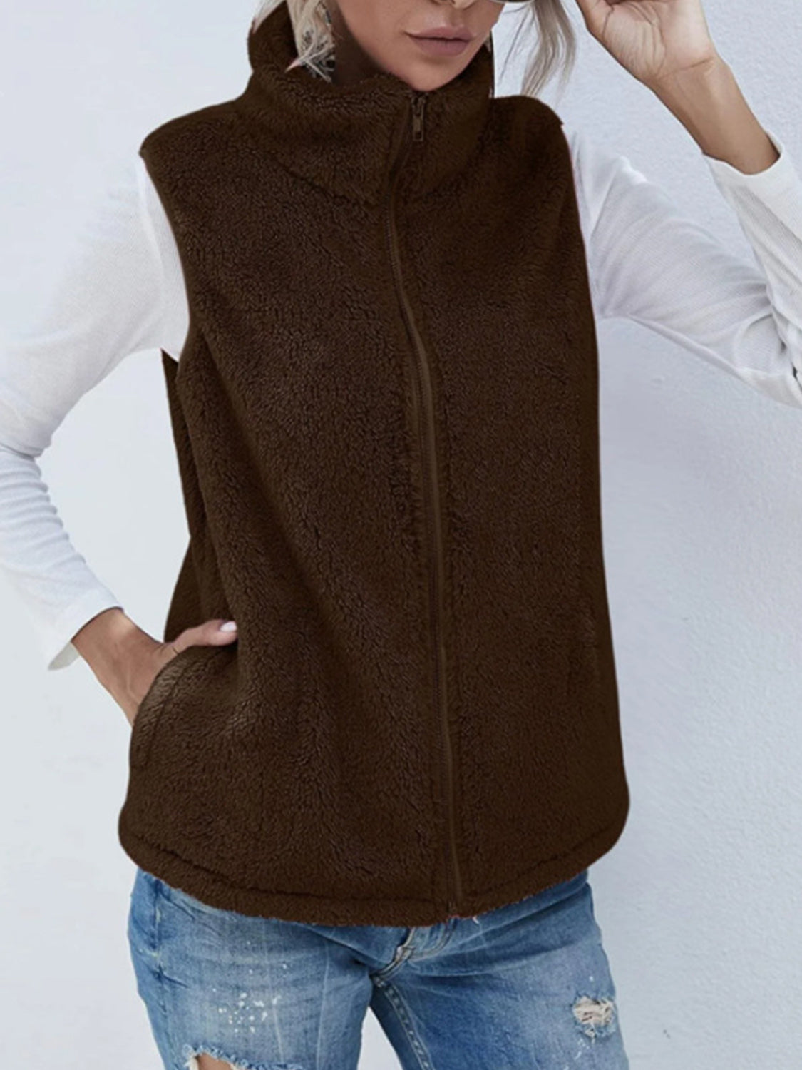 Full Size Fuzzy Zip Up Vest Coat with Pockets-TOPS / DRESSES-[Adult]-[Female]-Chocolate-S-2022 Online Blue Zone Planet