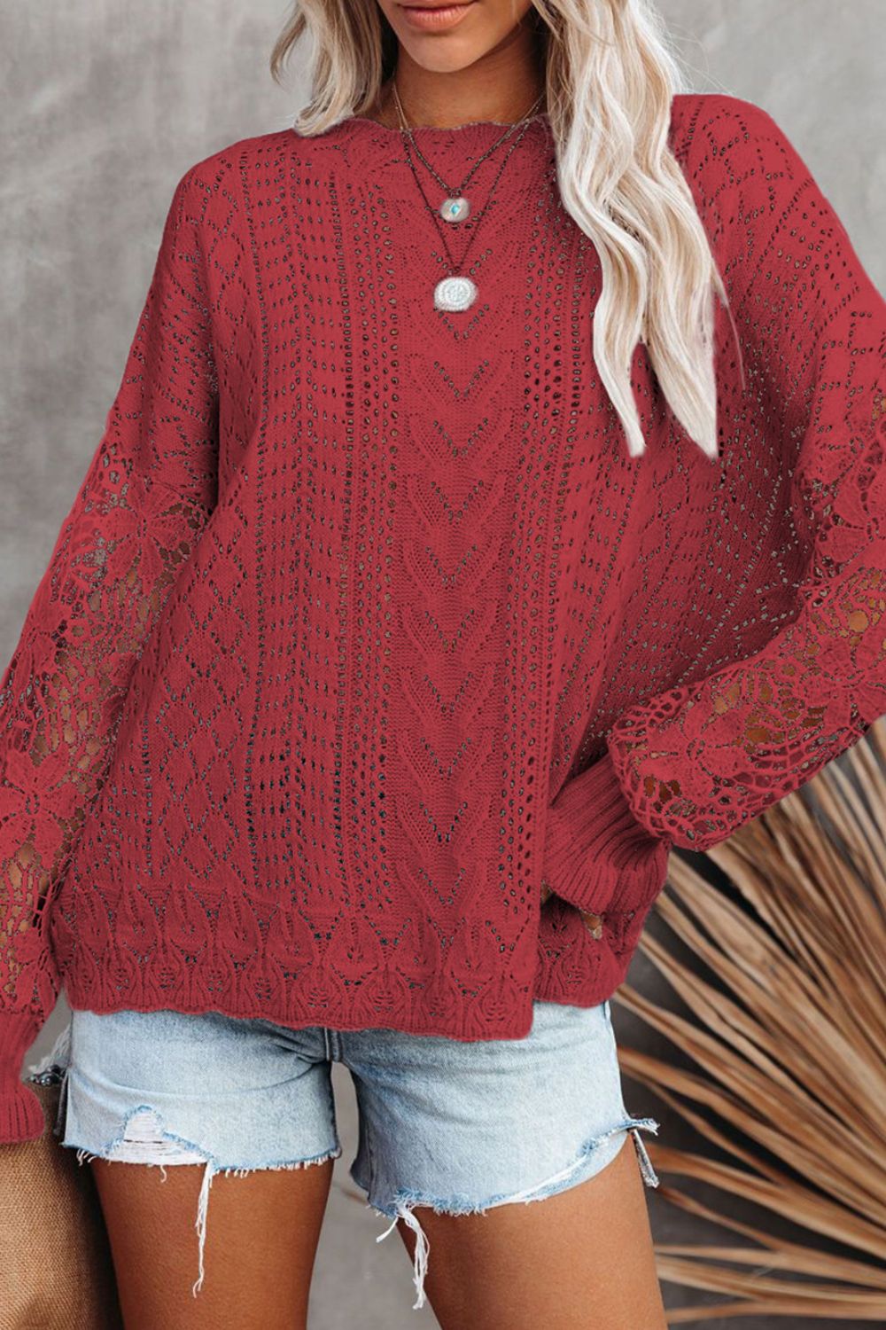 Openwork Round Neck Long Sleeve Sweater-TOPS / DRESSES-[Adult]-[Female]-2022 Online Blue Zone Planet