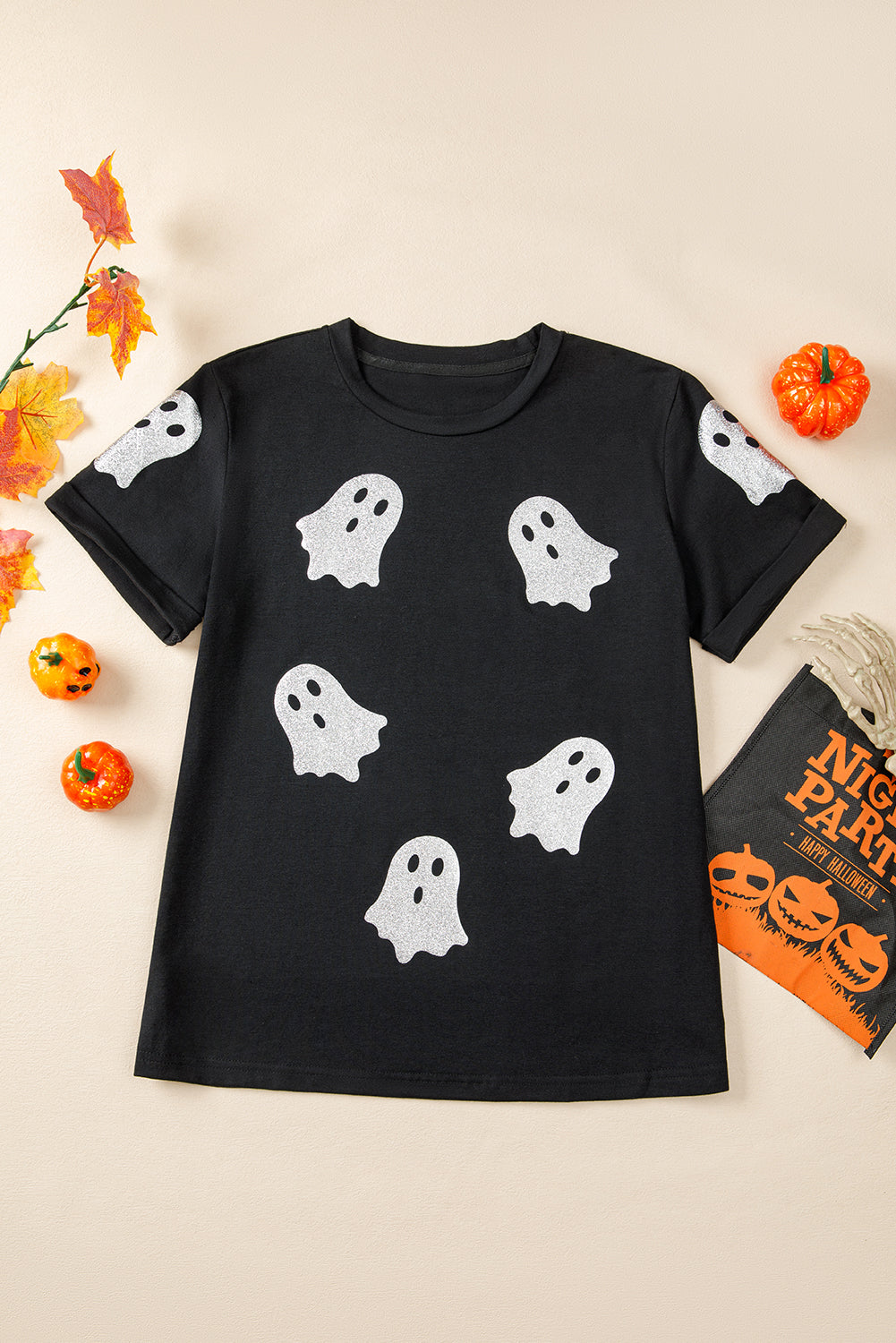 Black Glitter Ghost Pattern Crew Neck Halloween T Shirt-Graphic/Graphic Tees-[Adult]-[Female]-2022 Online Blue Zone Planet