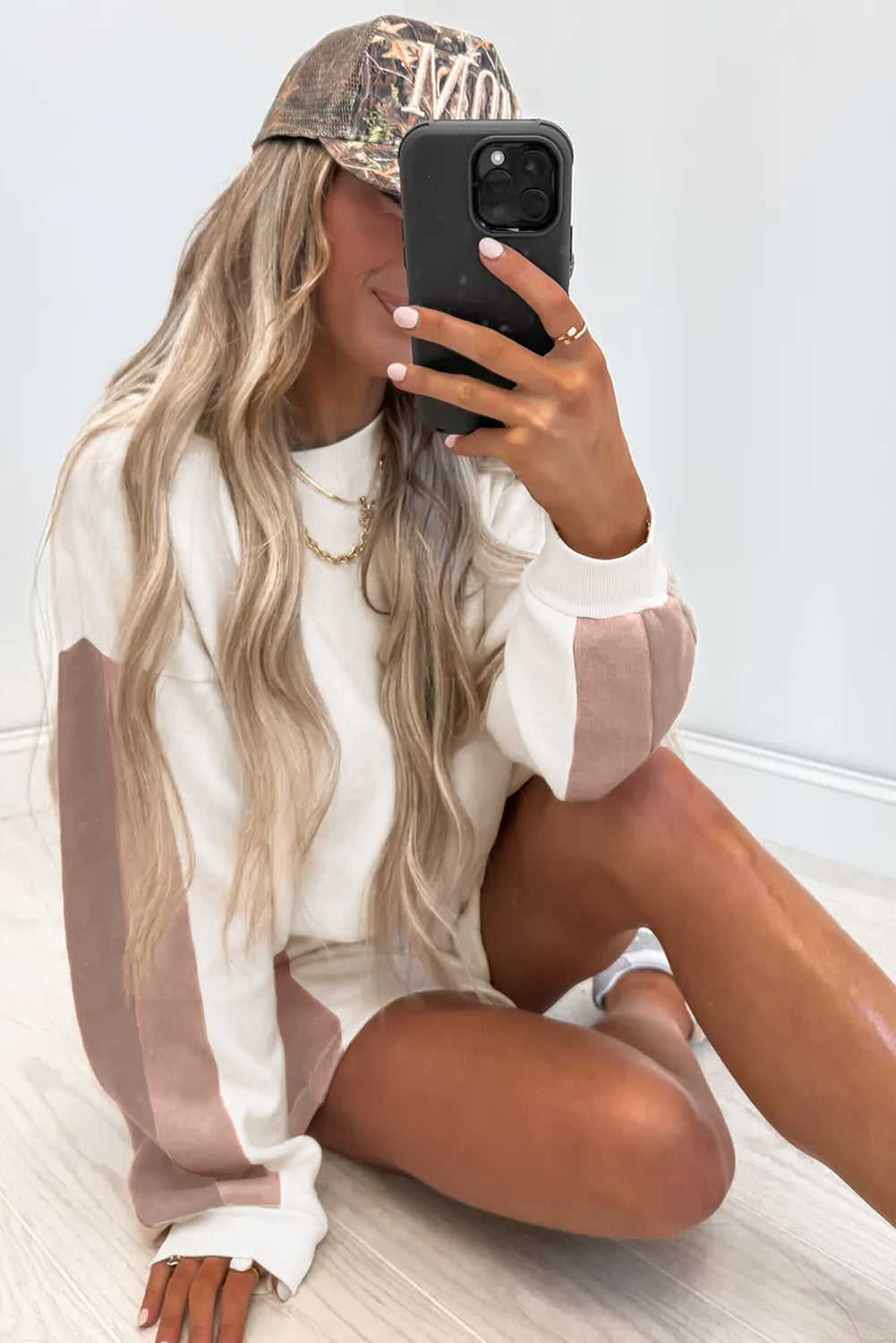 White Color Block Patchwork Drop Shoulder Pullover Casual Shorts 2pcs Outfit-Two Piece Sets/Short Sets-[Adult]-[Female]-2022 Online Blue Zone Planet