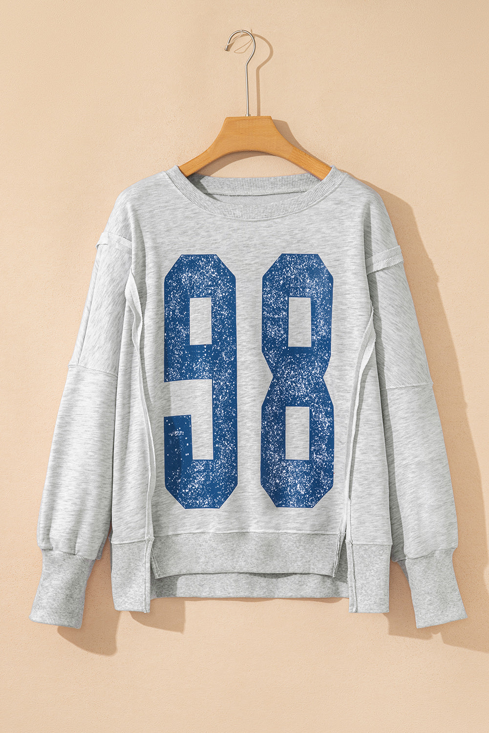 Light Grey Faded Varsity Print Loose Pullover Top-Tops/Long Sleeve Tops-[Adult]-[Female]-2022 Online Blue Zone Planet