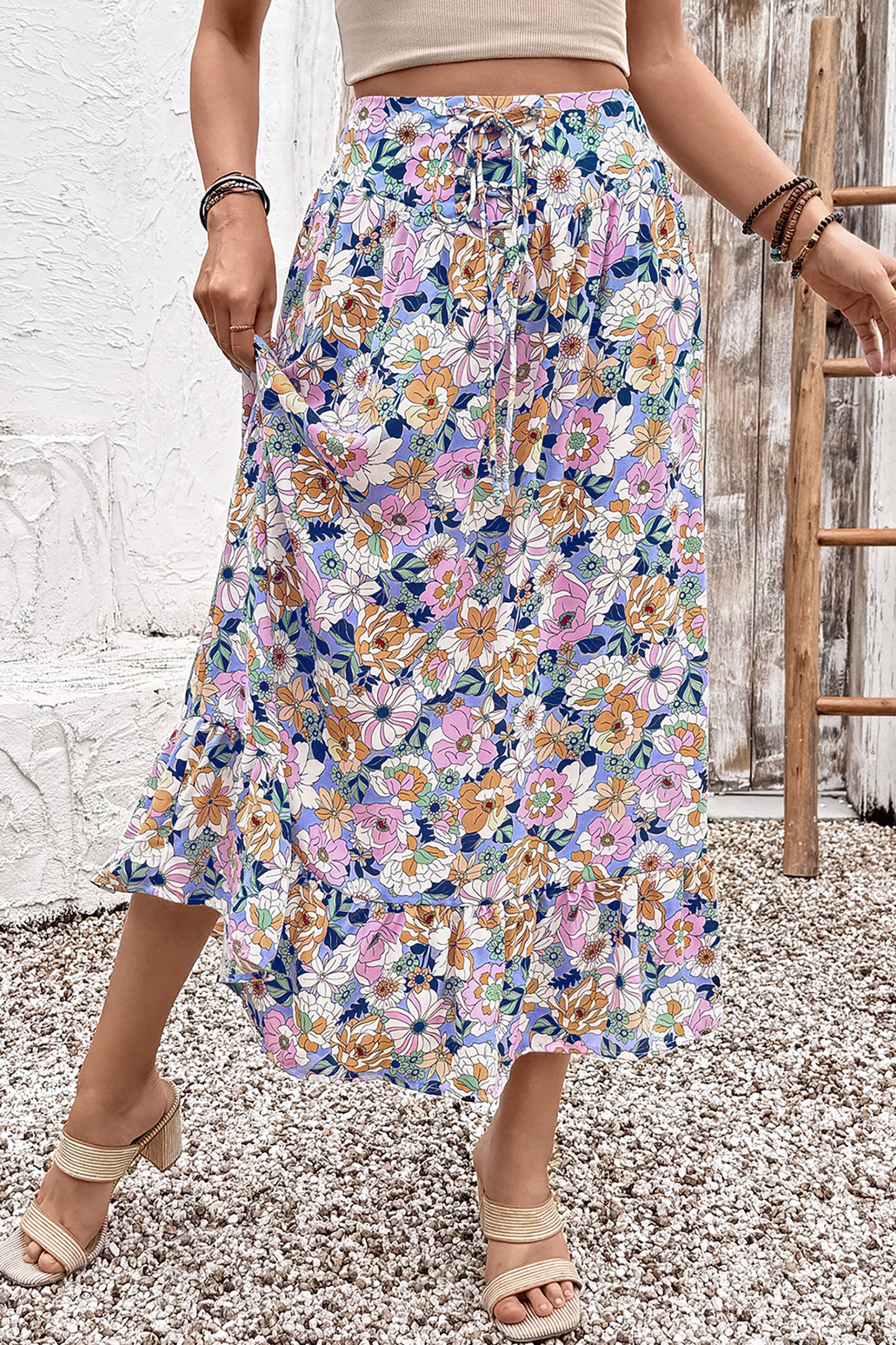 Pink Floral Print Lace-up High Waist Ruffle Hem Maxi Skirt-Bottoms/Skirts & Petticoat-[Adult]-[Female]-2022 Online Blue Zone Planet