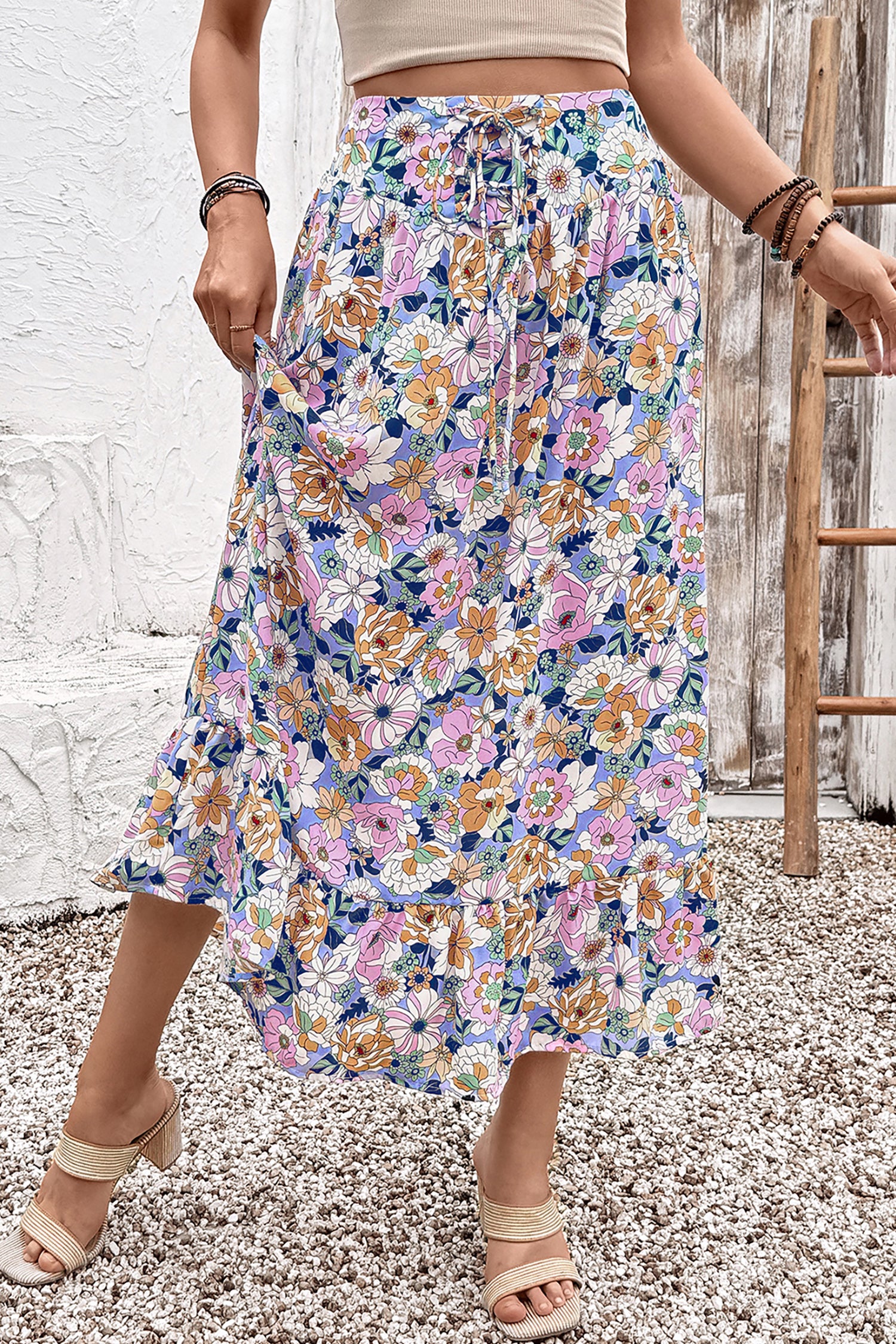 Pink Floral Print Lace-up High Waist Ruffle Hem Maxi Skirt-Bottoms/Skirts & Petticoat-[Adult]-[Female]-2022 Online Blue Zone Planet