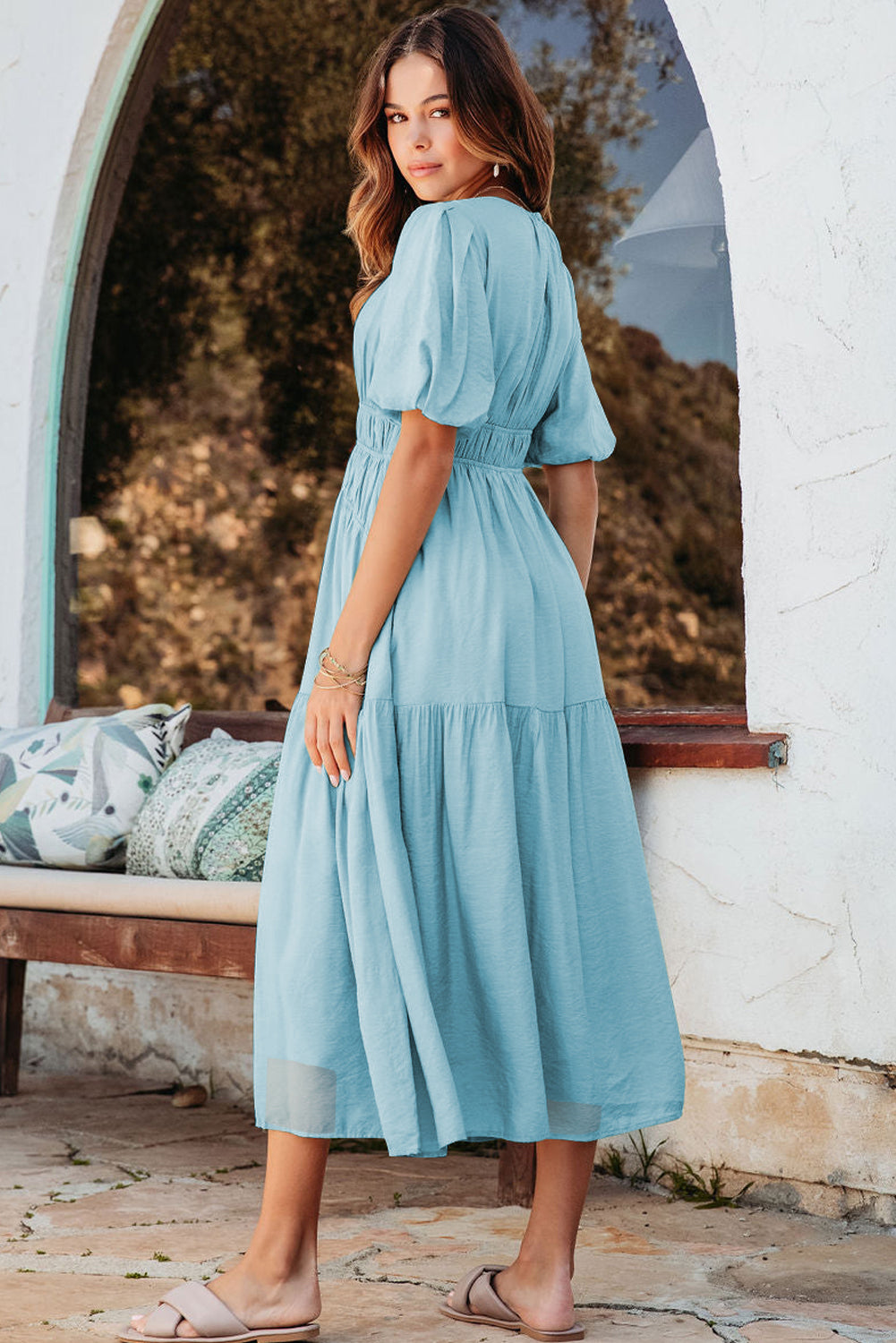 Light Blue Puff Sleeve Pleated High Waist Flowy Long Dress-Dresses/Maxi Dresses-[Adult]-[Female]-2022 Online Blue Zone Planet