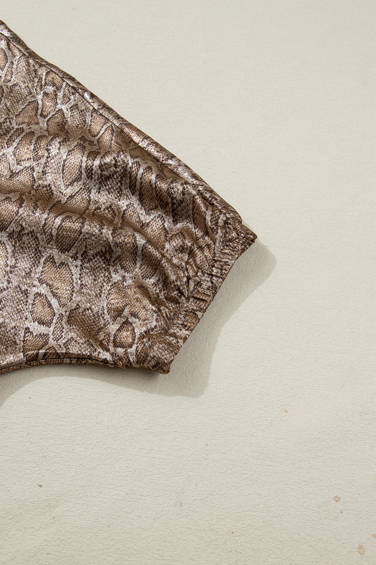 Brown Polo Collared V Neck Short Sleeve Metallic Leopard Blouse-Tops/Blouses & Shirts-[Adult]-[Female]-2022 Online Blue Zone Planet