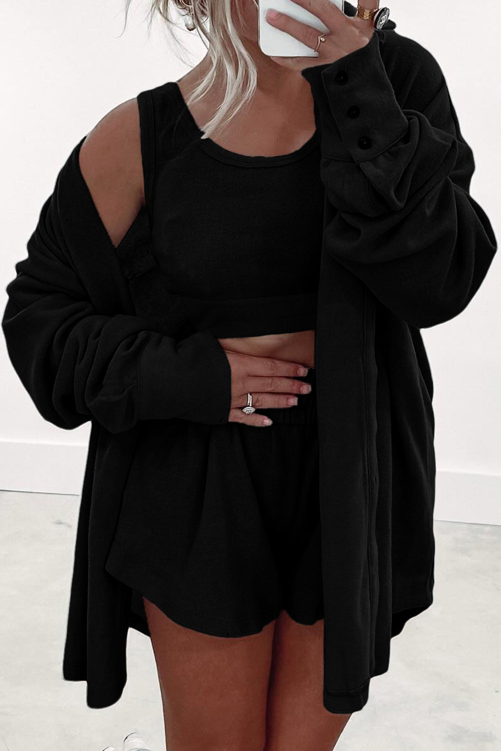 Black 3 Pcs Crop Tank Top Shorts with Cardigan Lounge Set-Loungewear & Sleepwear/Loungewear-[Adult]-[Female]-Black-S-2022 Online Blue Zone Planet