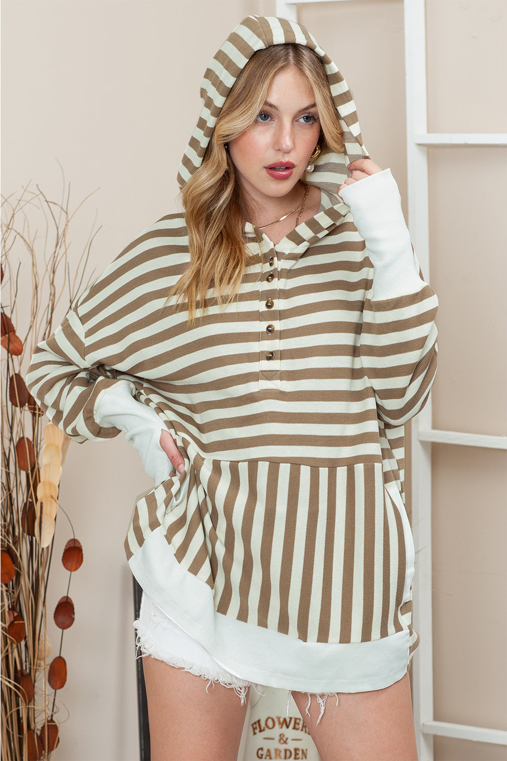 Striped Dropped Shoulder Buttoned Hoodie-HOODIES-[Adult]-[Female]-2022 Online Blue Zone Planet