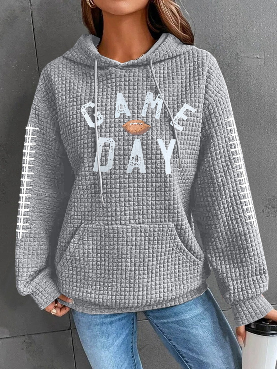 GAME DAY Football Drawstring Long Sleeve Hoodie-TOPS / DRESSES-[Adult]-[Female]-Gray-S-2022 Online Blue Zone Planet