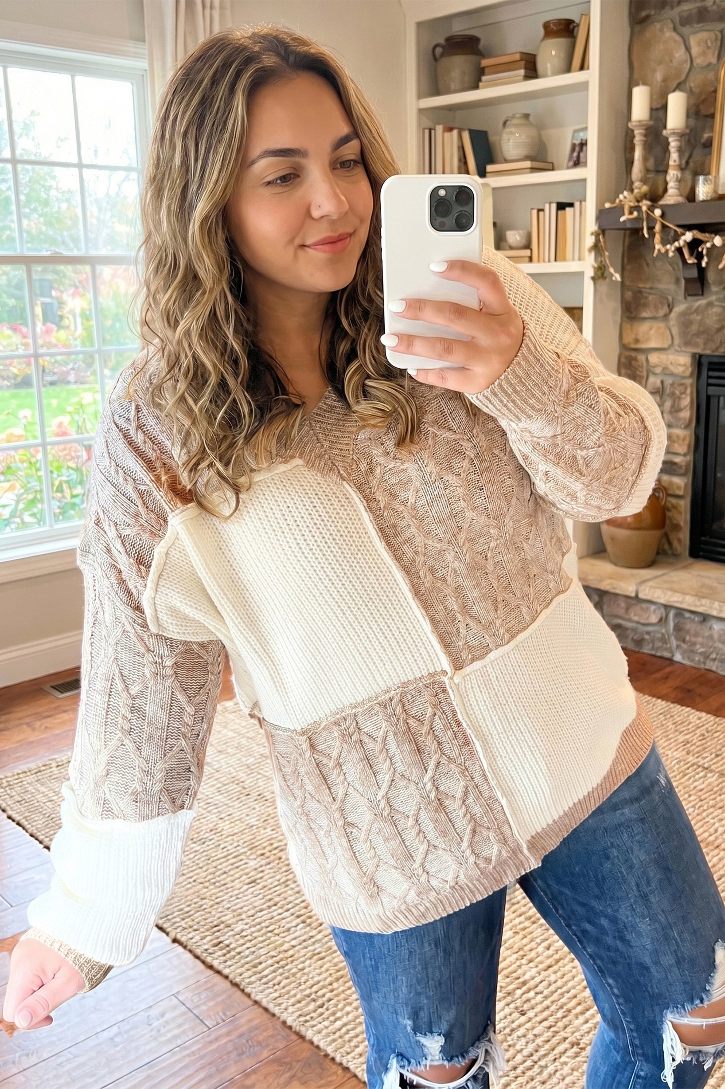 Parchment Colorblock V Neck Long Sleeve Tunic Loose Fit Plus Size Sweater-Plus Size/Plus Size Sweaters & Cardigans-[Adult]-[Female]-2022 Online Blue Zone Planet