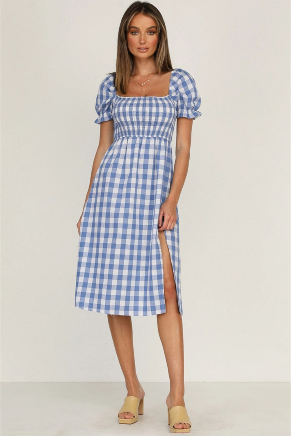 Full Size Slit Plaid Short Sleeve Midi Dress-TOPS / DRESSES-[Adult]-[Female]-2022 Online Blue Zone Planet