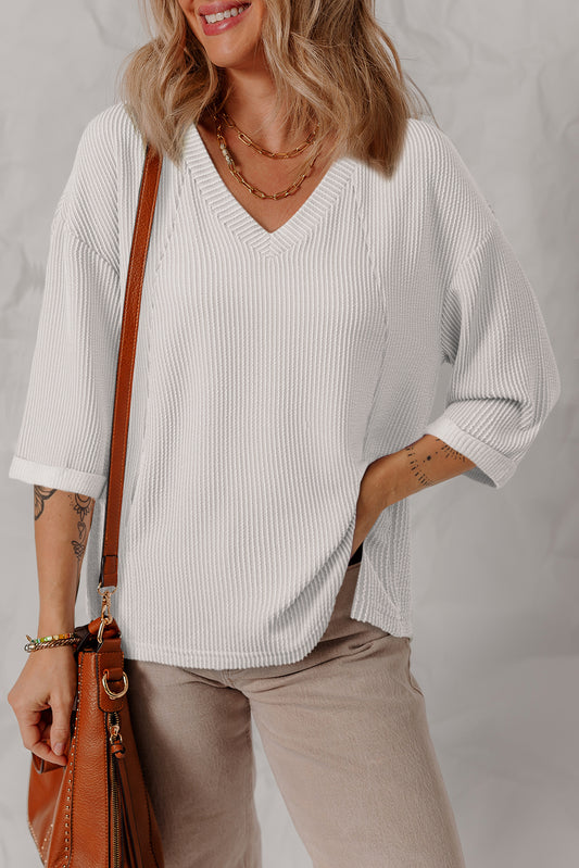 Blue Zone Planet | White Solid Color Corded Drop Shoulder 3/4 Sleeve V Neck Top-Tops/Long Sleeve Tops-[Adult]-[Female]-White-S-2022 Online Blue Zone Planet