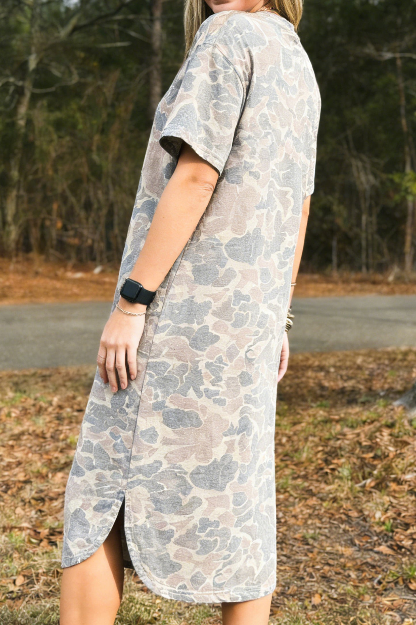 Multicolour Camouflage Print Short Sleeve Drop Shoulder Side Slit Casual Dress-Dresses/T Shirt Dresses-[Adult]-[Female]-2022 Online Blue Zone Planet