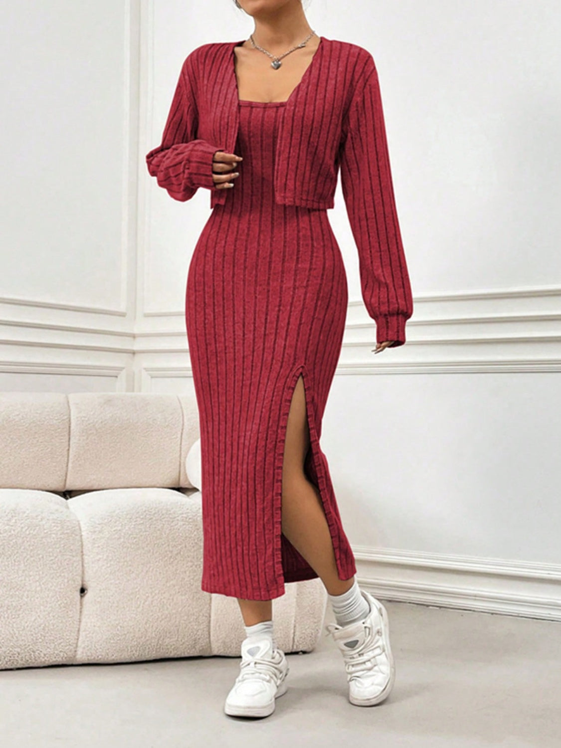 Blue Zone Planet | Christmas Ribbed Long Sleeve Cropped Cardigan and Slit Cami Dress Set-TOPS / DRESSES-[Adult]-[Female]-2022 Online Blue Zone Planet