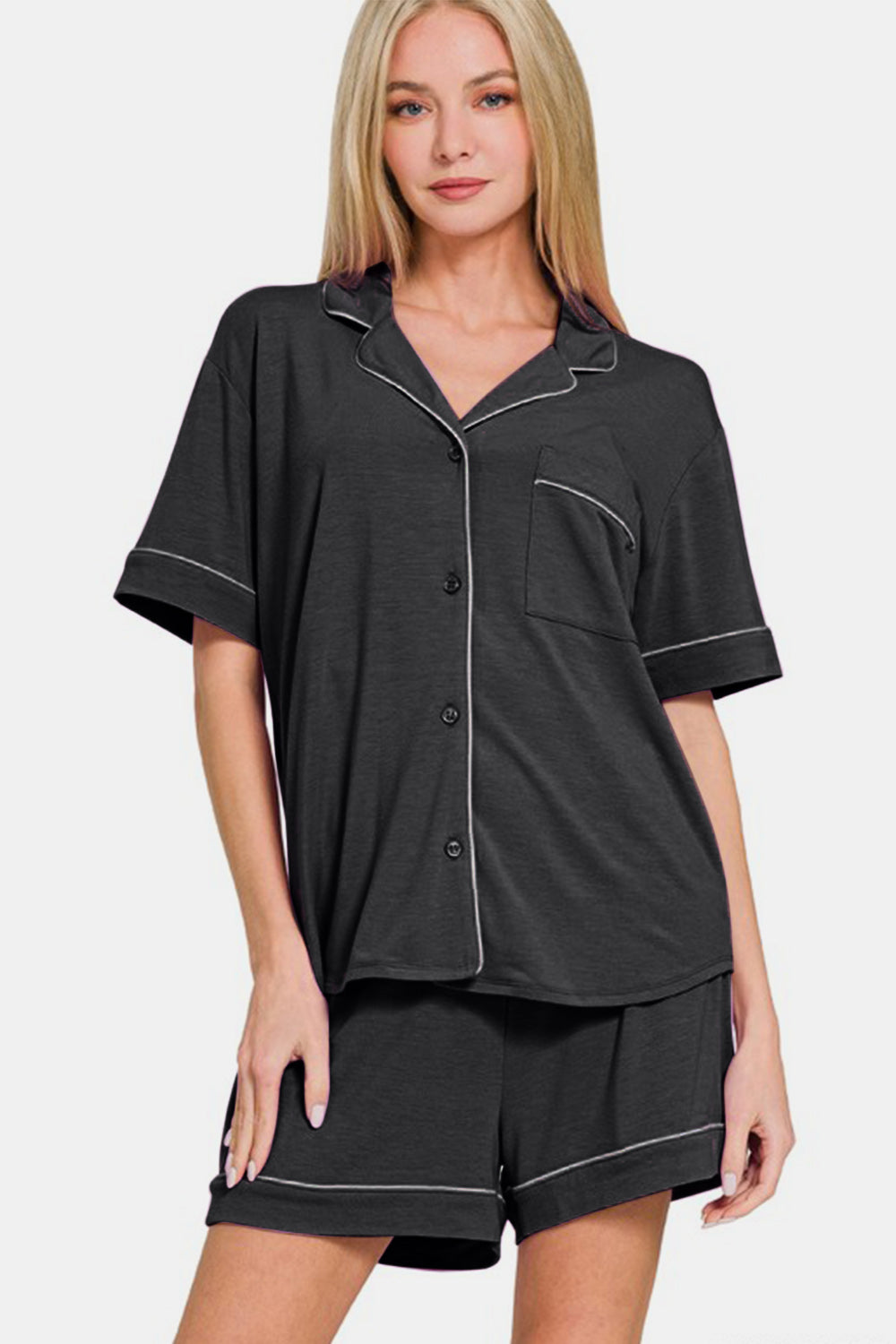 Blue Zone Planet | Zenana Button Down Short Sleeve Top and Shorts Lounge Set-TOPS / DRESSES-[Adult]-[Female]-2022 Online Blue Zone Planet