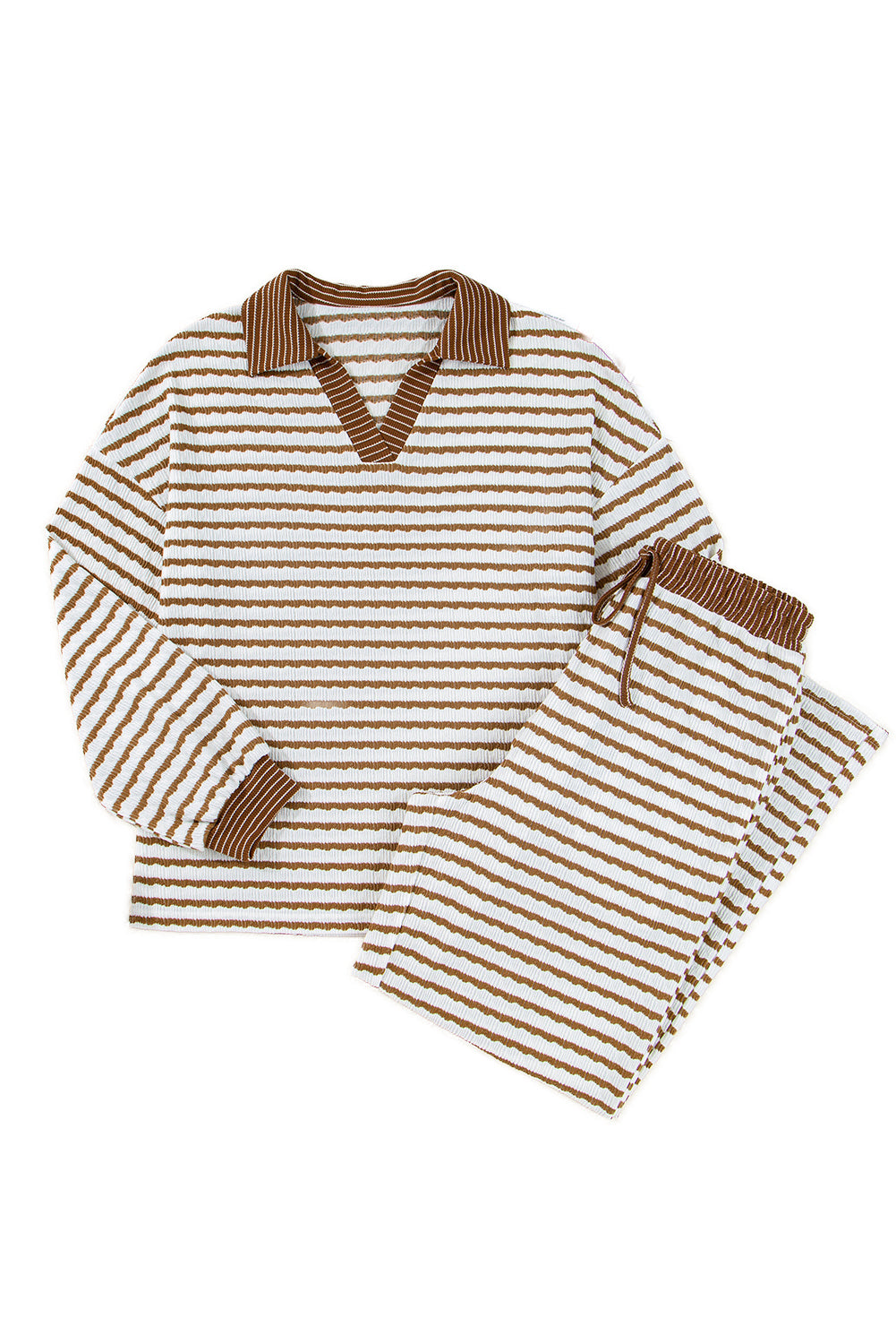 Khaki Stripe Collared Pullover Top and Drawstring Pant Set-Two Piece Sets/Pant Sets-[Adult]-[Female]-2022 Online Blue Zone Planet