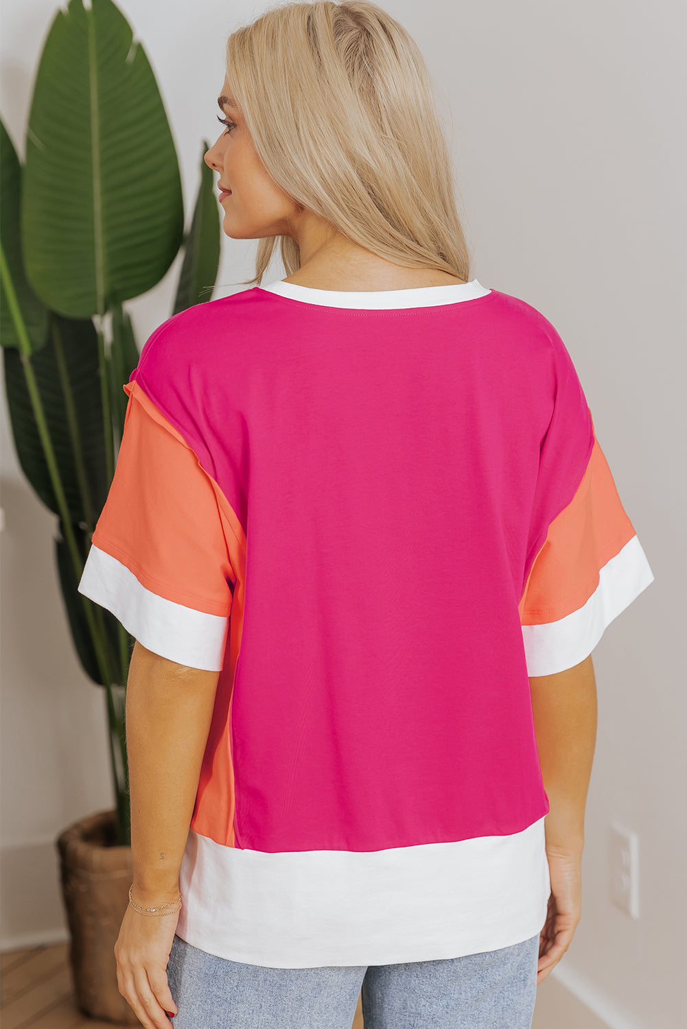 Rose Red Color Block Patchwork Side Slits Loose Fit T Shirt-Tops/Tops & Tees-[Adult]-[Female]-2022 Online Blue Zone Planet