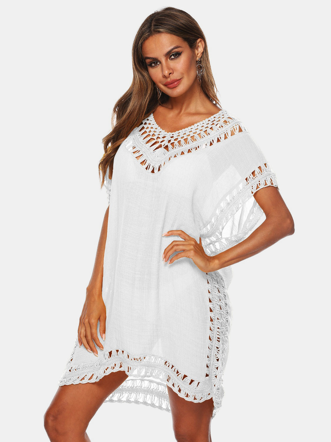 Cutout V-Neck Short Sleeve Cover-Up-TOPS / DRESSES-[Adult]-[Female]-White-One Size-2022 Online Blue Zone Planet