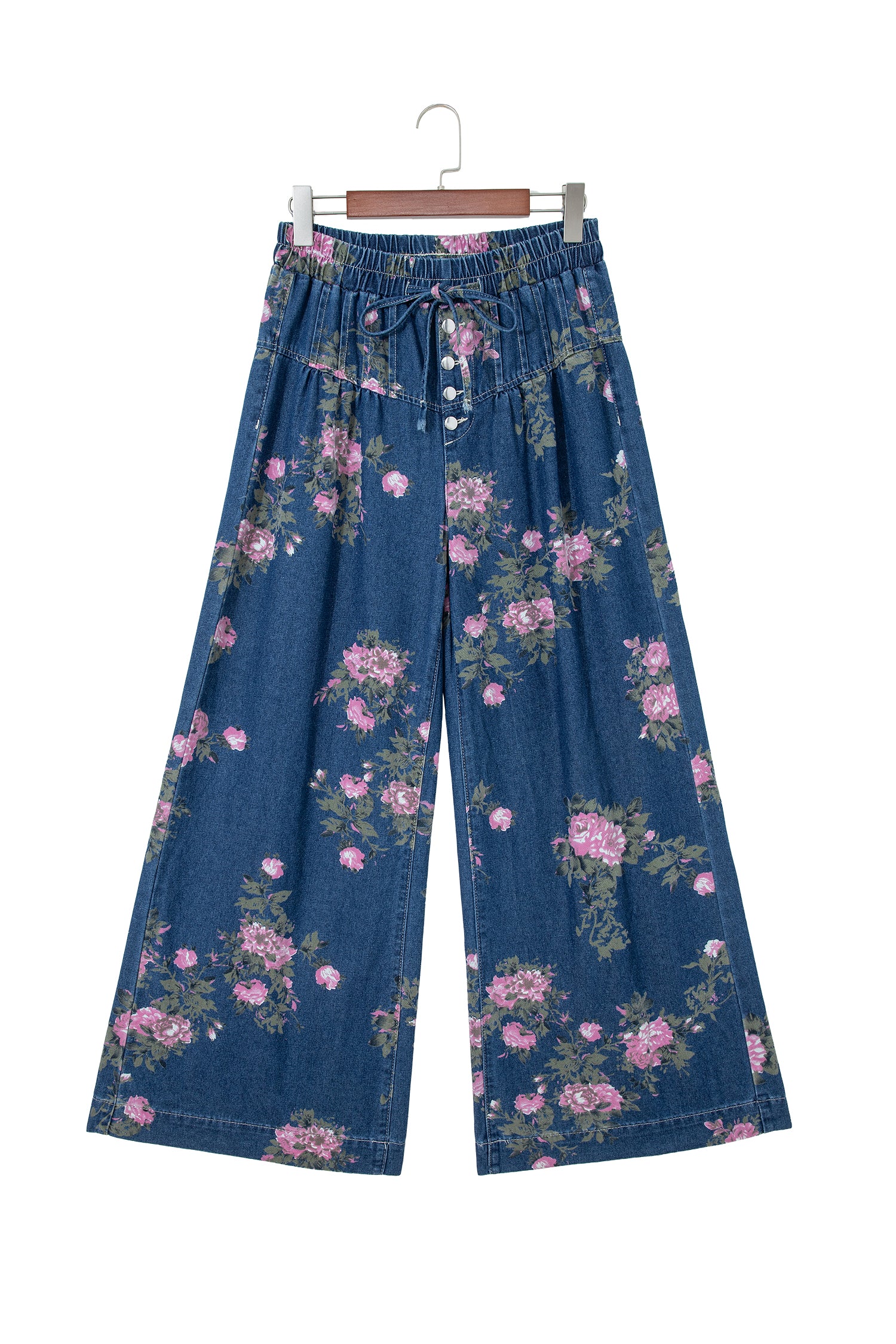 Blue Retro Floral Print Tie Elastic Waist Button Pintuck Wide Leg Jeans-Bottoms/Jeans-[Adult]-[Female]-2022 Online Blue Zone Planet